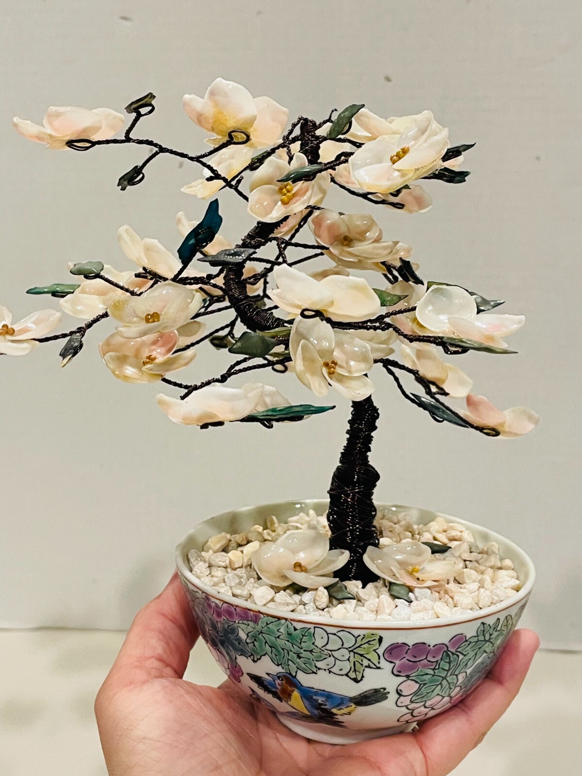 Chinese Pink Seashell & Green Glass 8″ Bonsai Tree in Cloisonné Pot