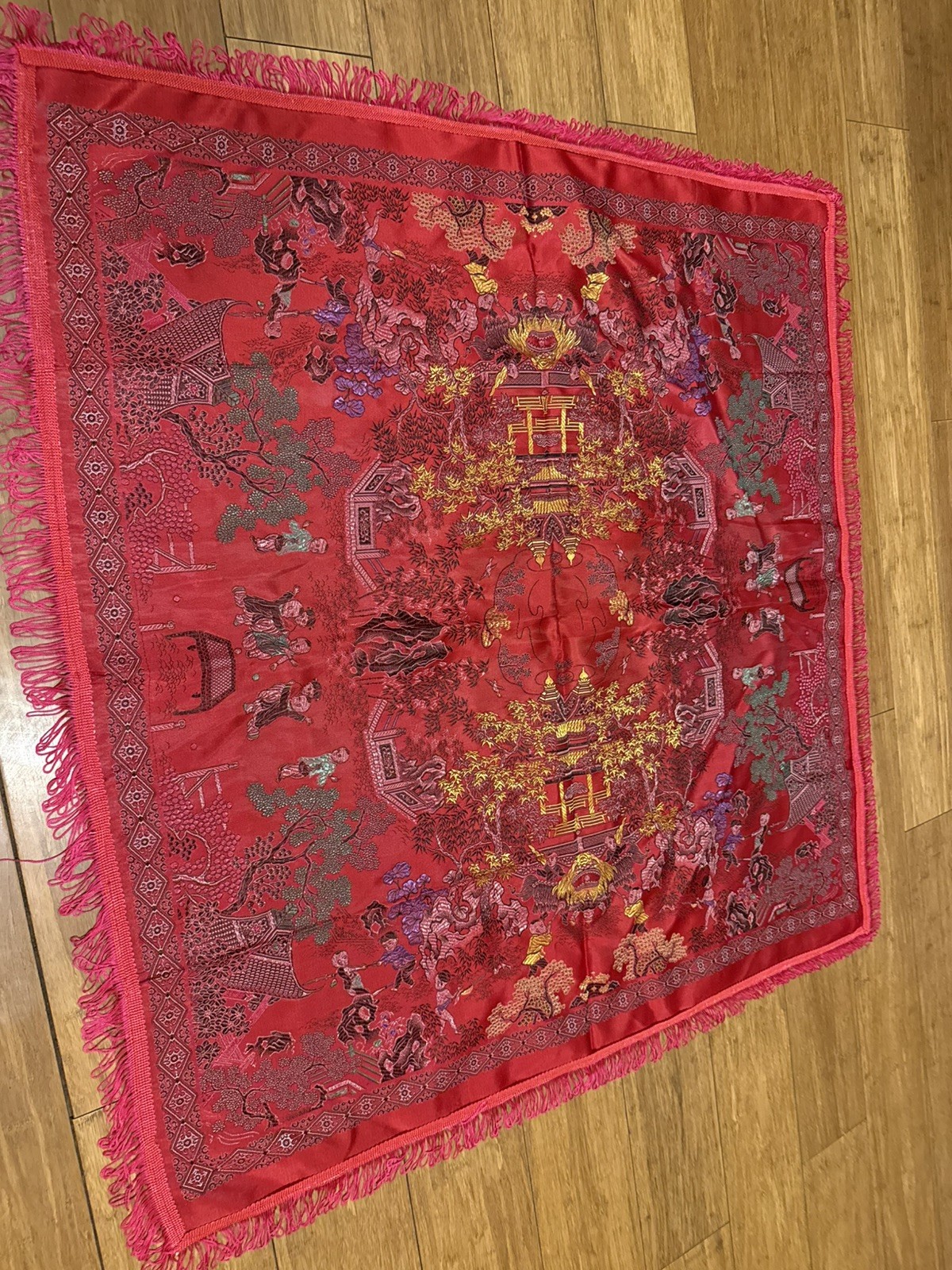 Vintage Brocaded Flowers Chinese Silk Tapestry Table Cloth 38” X 38”