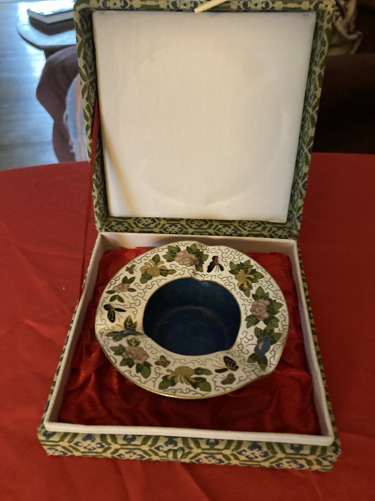 Vtg Chinese Birds & Floral Cloisonne Enamel Brass Cobalt Blue Ashtray W/Box