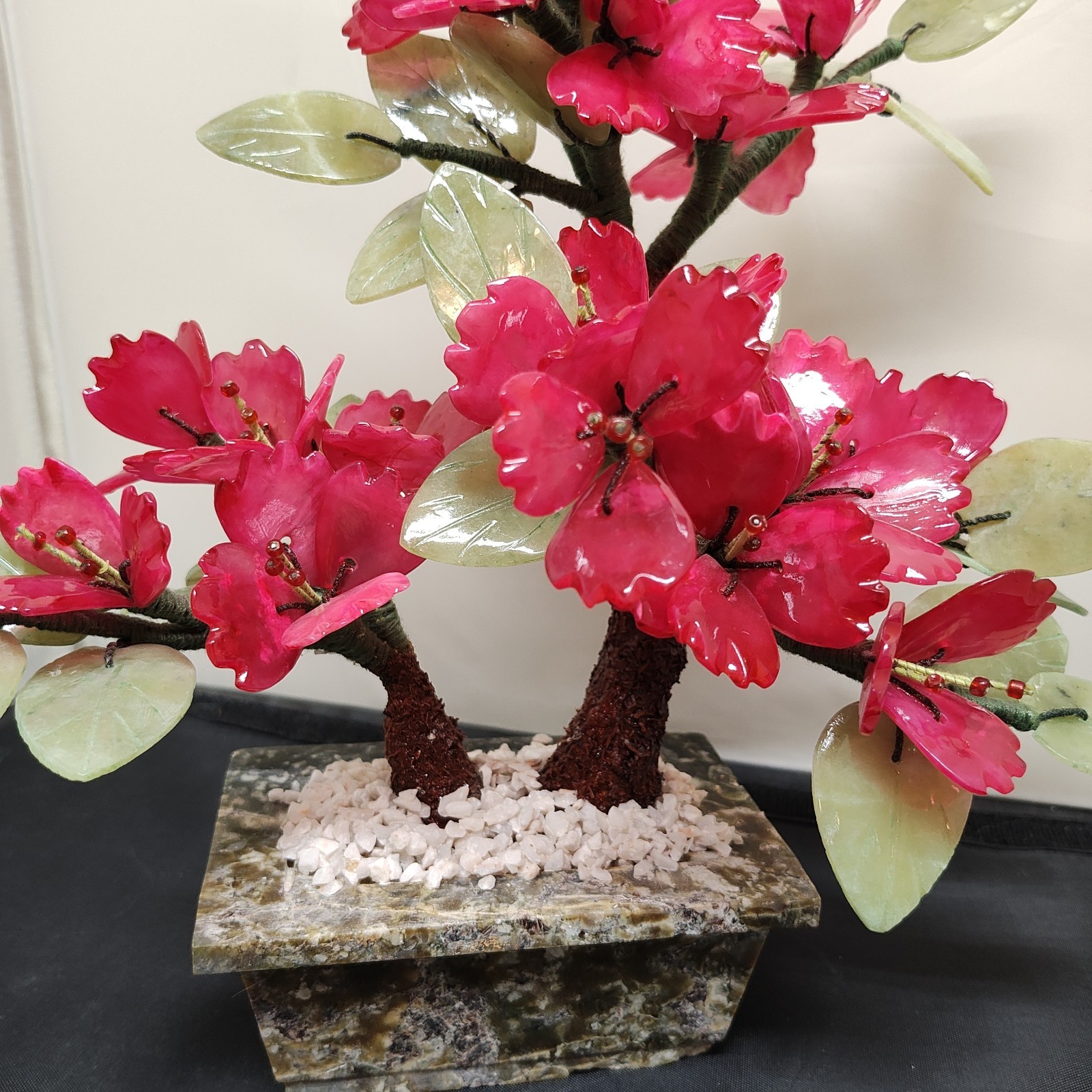 Vtg Bonsai Tree Glass Cherry Blossom Pink Flowers Jade Leaves Marble Pot 11 Inch