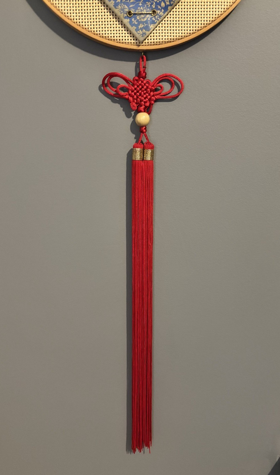 Chinese Red Knot Tassel and Bamboo Wall Hanging w/ Peonies and Birds