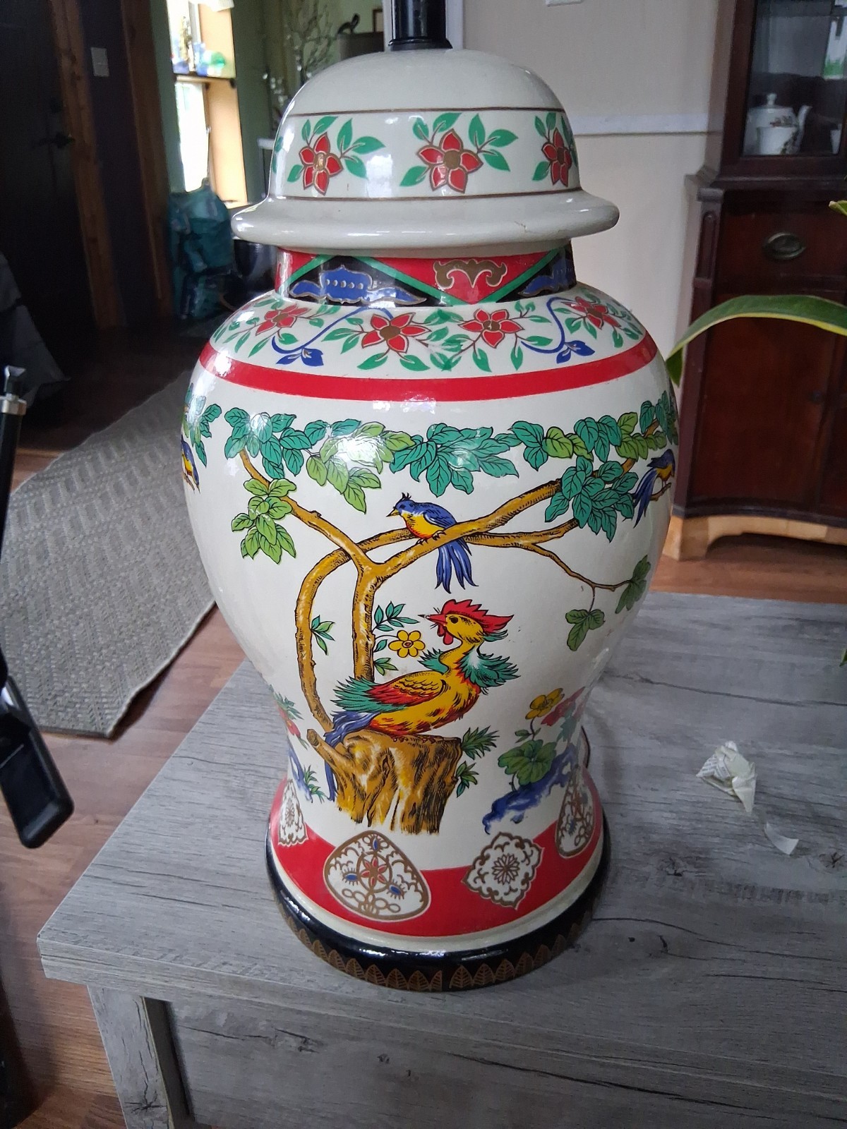 RARE Vintage Chinese Hand-Painted Famille Bird Porcelain Large Lamp