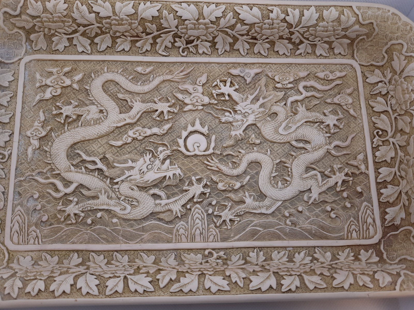 Vintage Asian Carved Resin High Relief Dragons Flaming Pearl and Florals Tray