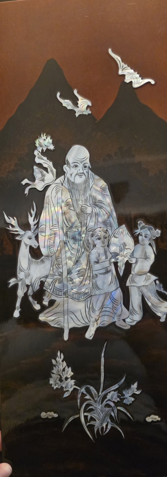 Chinese 4-Panel Black/Brown Lacquer Screen, Mother-of-Pearl Inlay Figures