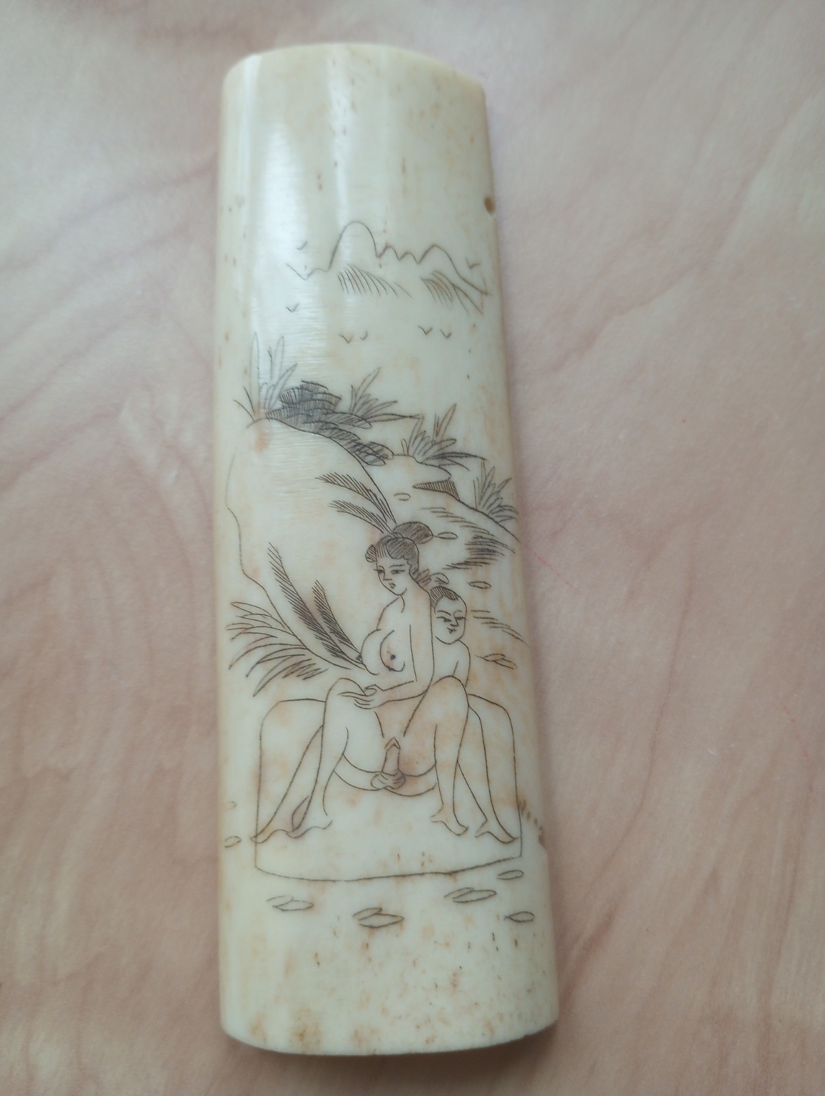 Two Antique Chinese Scrimshaw Shunga Panels Etched Erotica On Bone