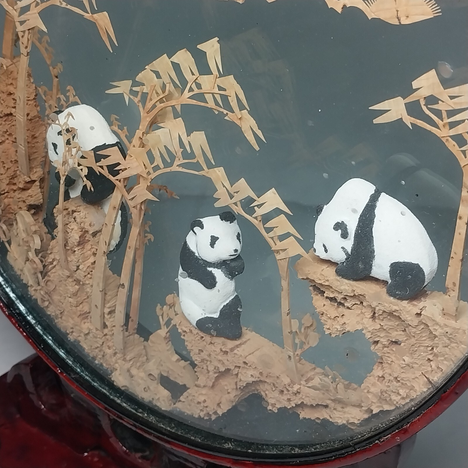Antique Asian Carved Cork Framed Glass Diorama w/ Panda Bear Figures on Stand
