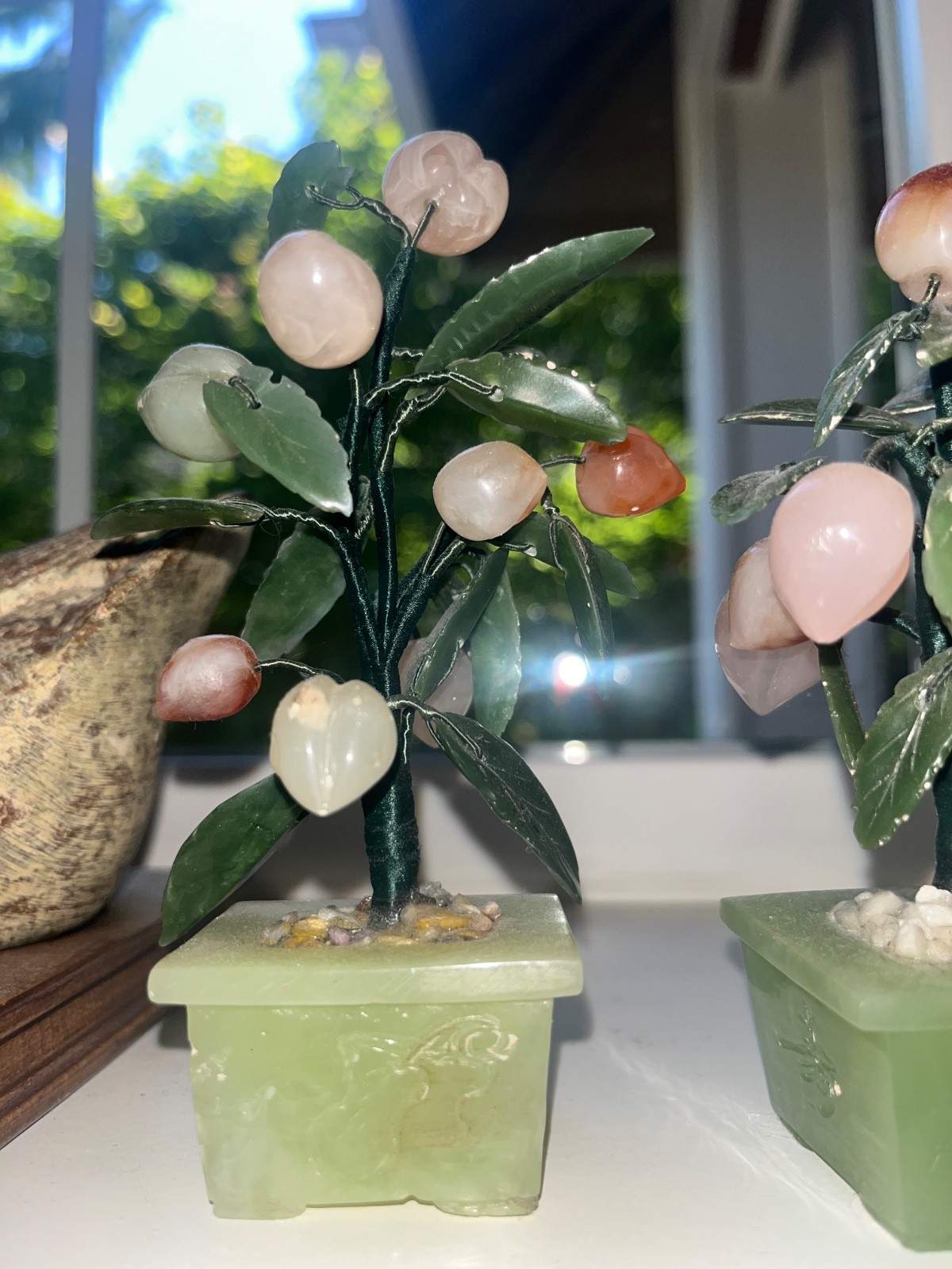 Antique Chinese Pair Jade Trees Carnelian Agate Stone Green White Russet Pink