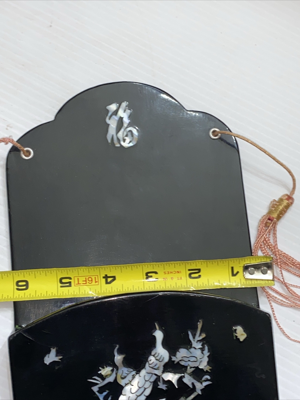 Vintage Mother Of Pearl Letter Holder Notes Oriental Style Black Wall Hanging