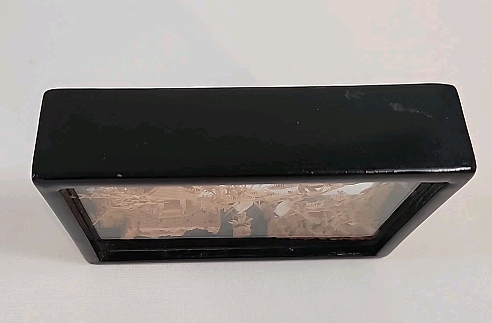 VTG Hand-Carved Chinese Cork & Wood Diorama Encased In Glass Pagoda Storks