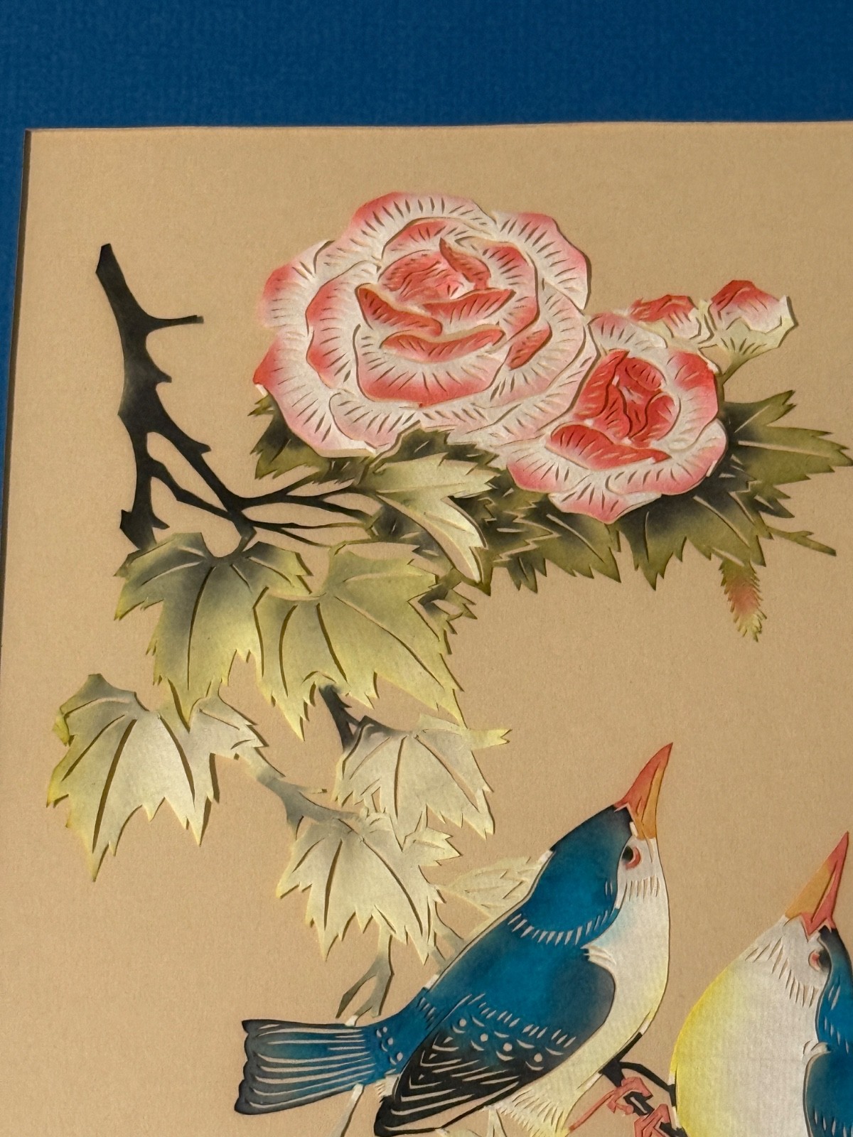 Vintage Asian Hand-Cut Bird & Flower Gouache Painting – Mid-Century Chinese ART