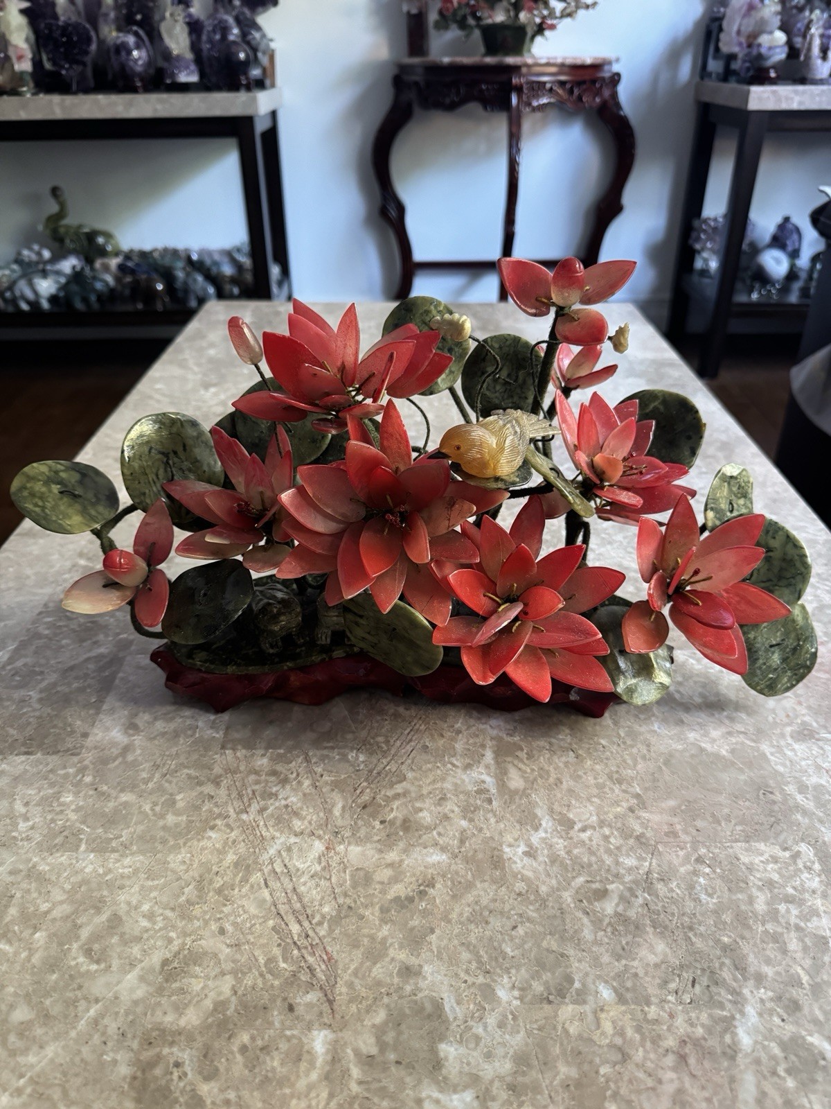 Vintage Jade & Glass Lotus Flower Bonsai Plant