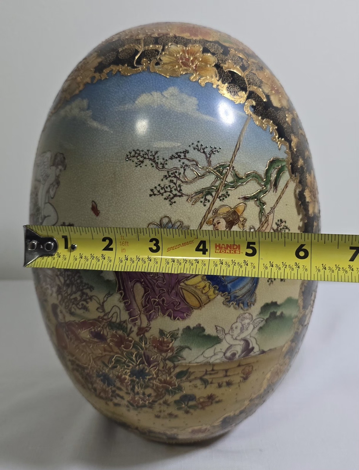 VTG 1950s HandPainted Satsuma Large Porcelain Egg Courting Couple Cherub Motifs