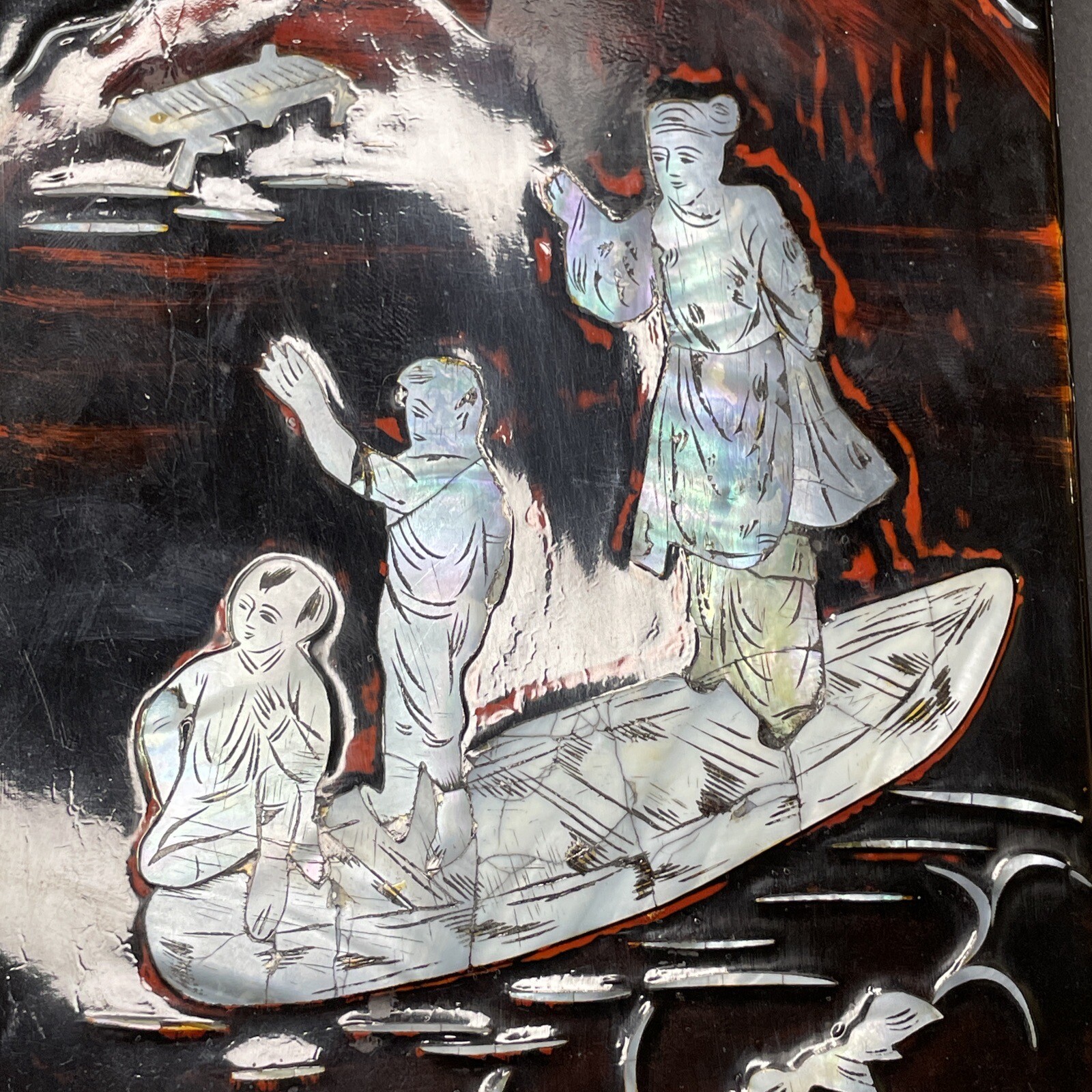 Vintage 1980s China Mother-Of-Pearl Lacquered On Solid Wood Figural Wall Art 15″