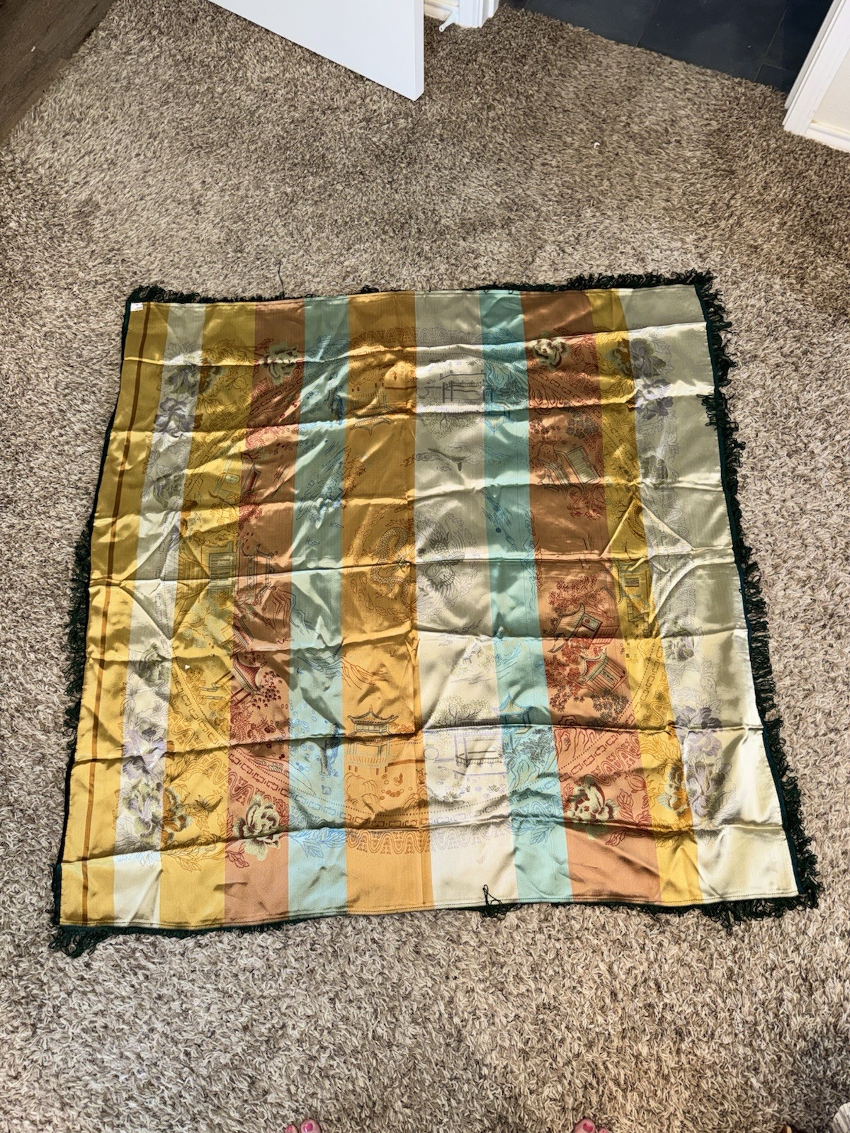 VTG Hangzhou Chinese Silk Brocade Piano Scarf Dragon Phoenix Tablecloth 48”