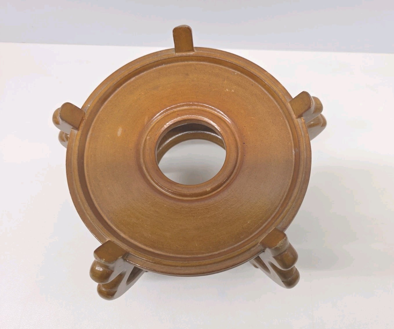 Carved Wood Plant Stand Display Honey Brown Vase Fish Bowl Oriental 9.5″