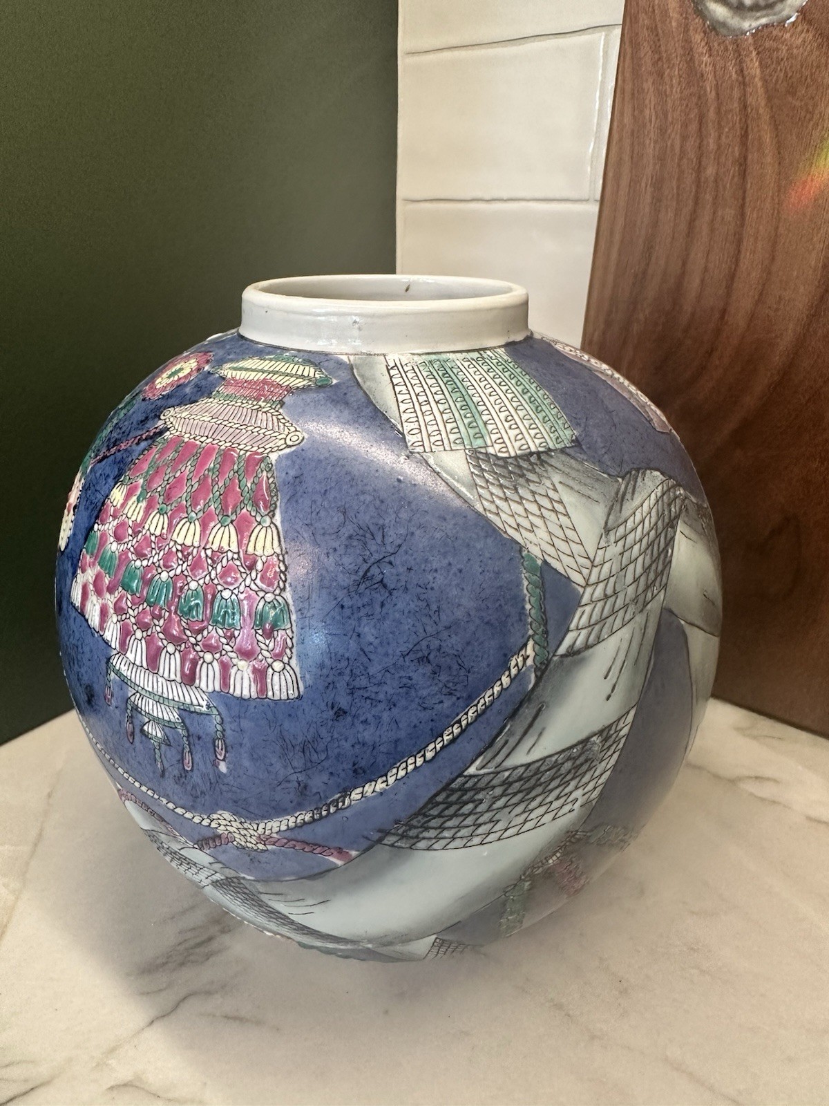Oriental Asian Porcelain Planter Vase Decor ~ HAND PAINTED ENAMEL Abstract