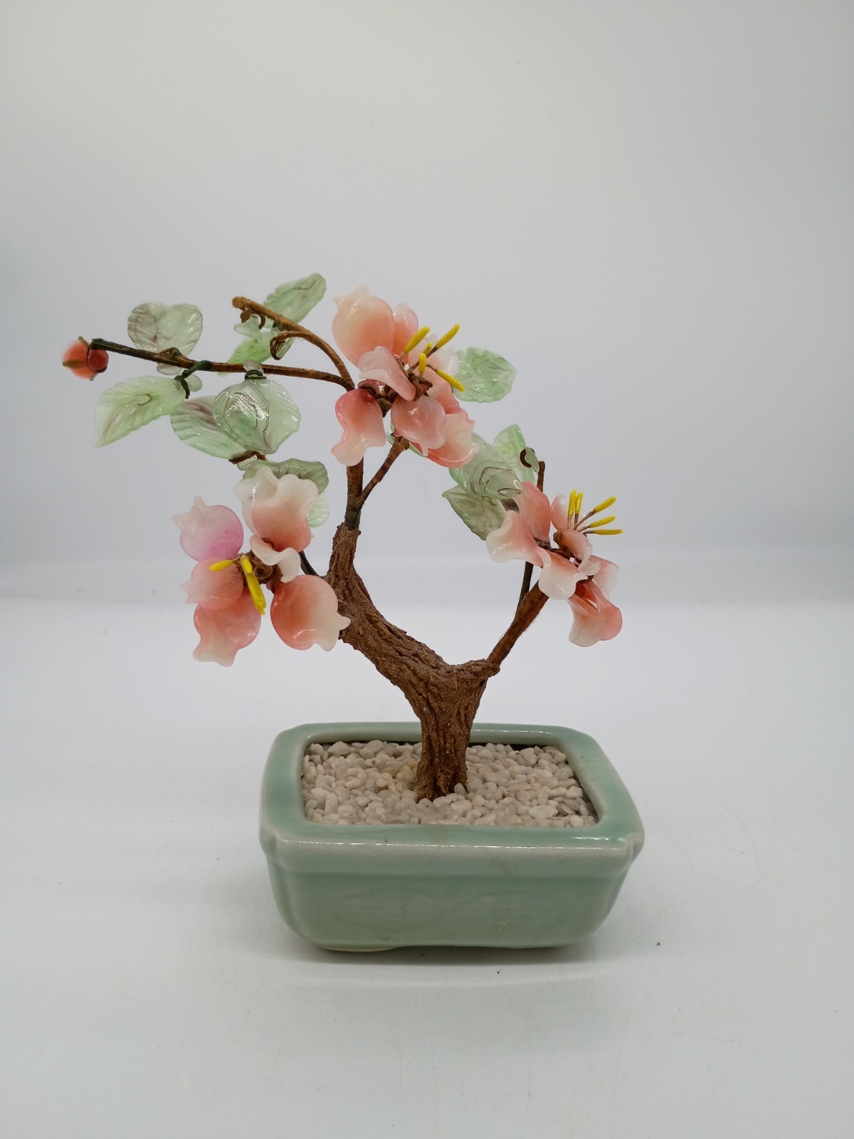 Chinoiserie Green Jade & Pink Rose Quartz Faux Bonsai Tree in Celedon Planter 7″