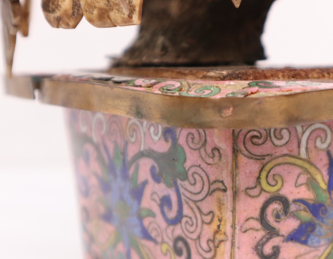Vintage Cloisonné Potted Jade & Gemstone Flower Tree Decor LARGE 13.5″ Tall