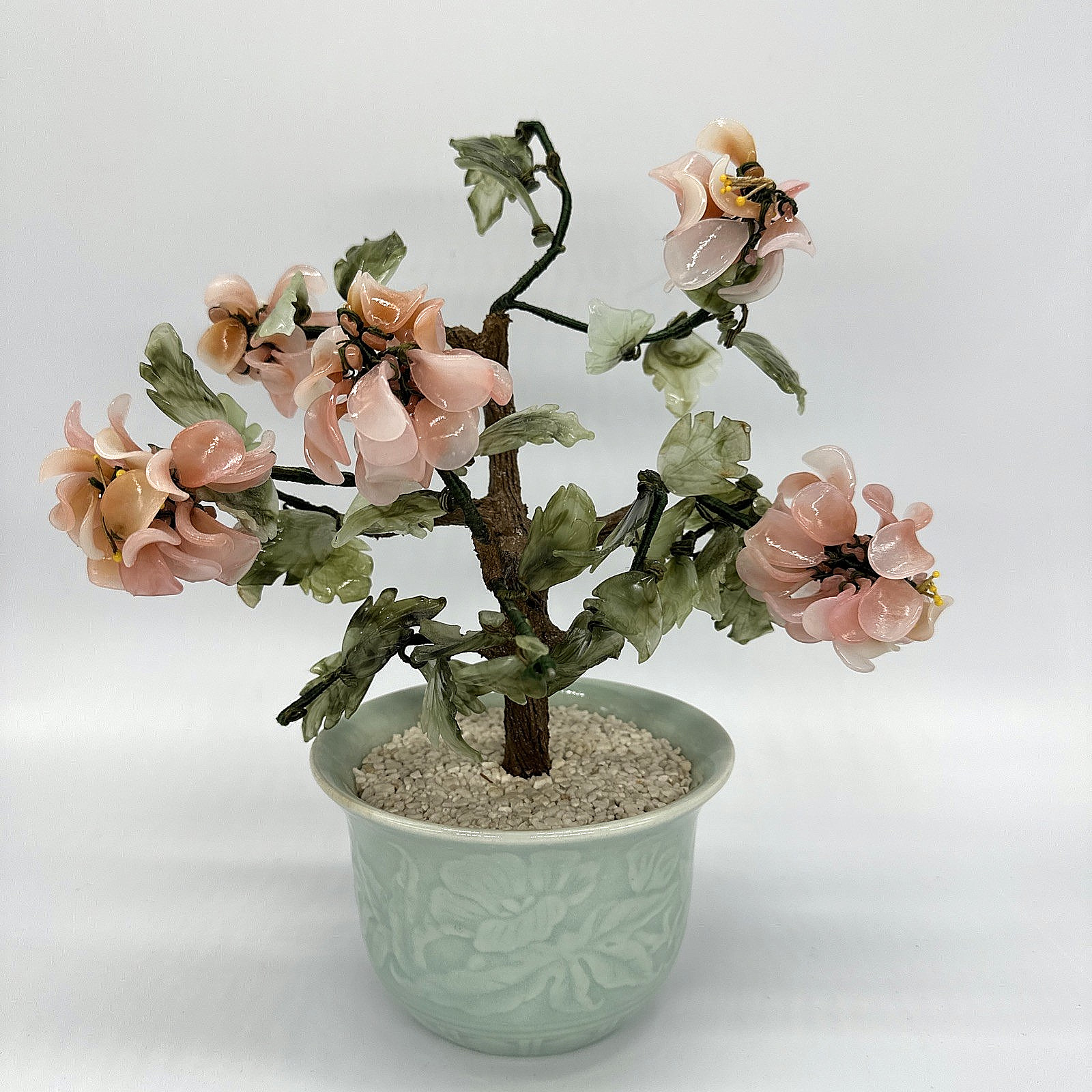 Vtg Chinese Jade Glass Cherry Blossom Bonsai Tree Pink Flower Celadon Pot 11×9.5