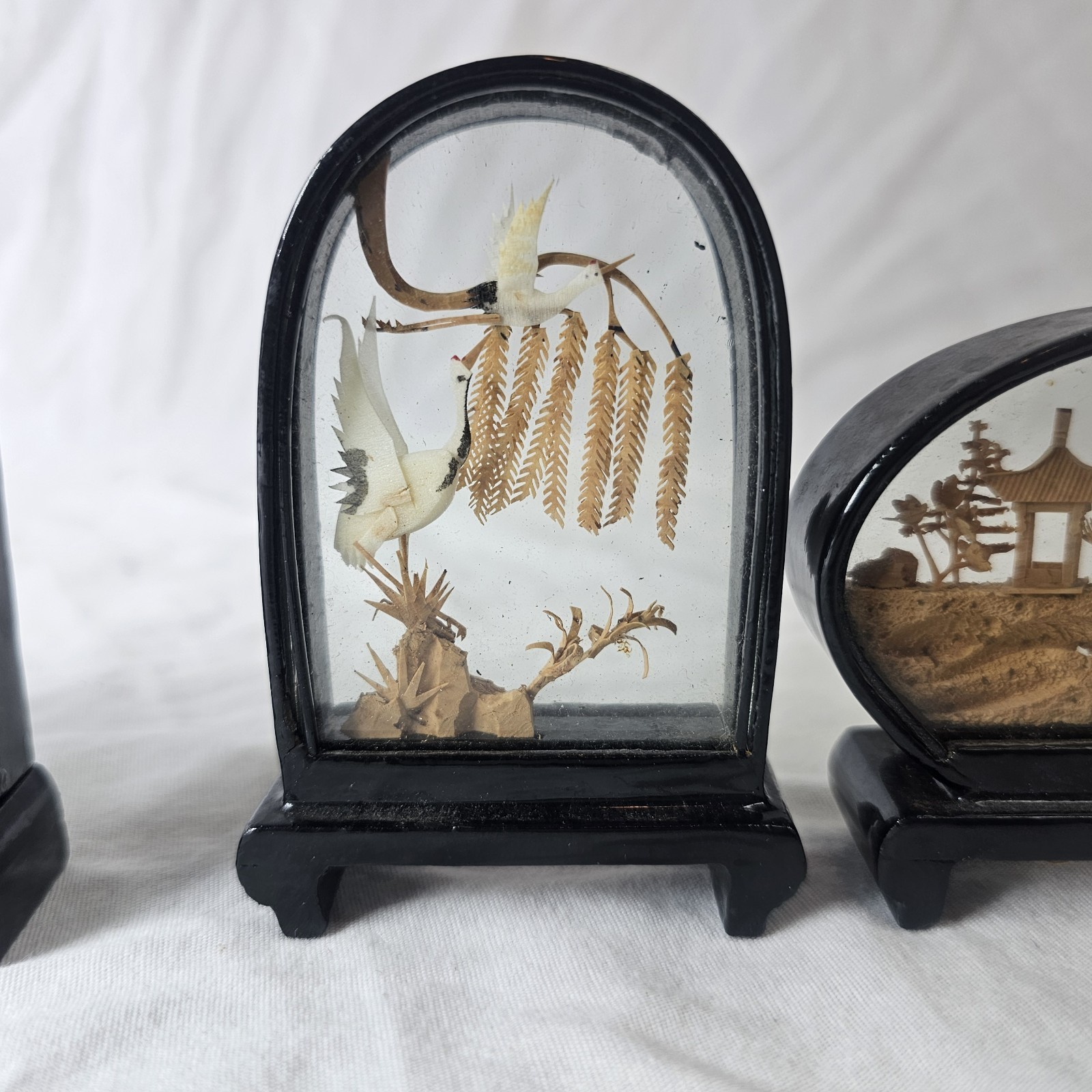 Vintage Lot Of 6 Chinese Carved Cork Lacquer Ware Diorama Sculpture Bird Panda