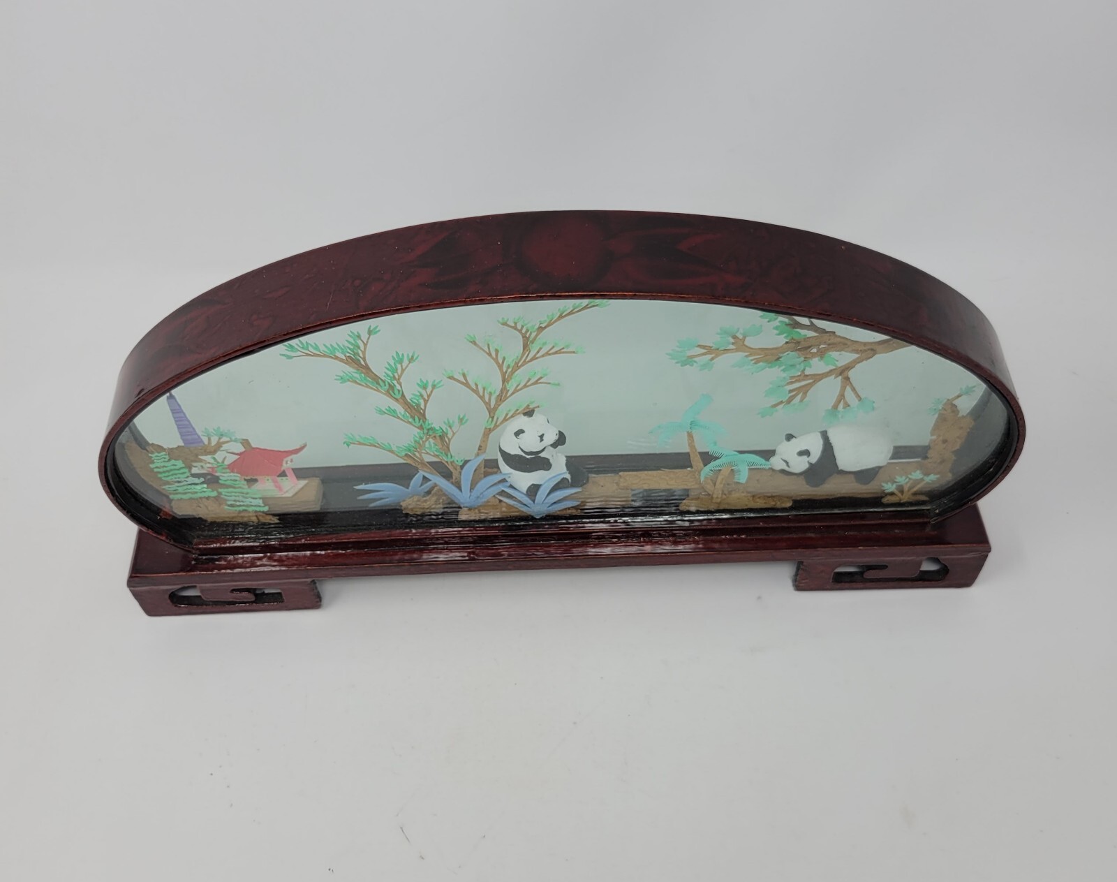Vintage Chinese SAN YOU Diorama Art Pagoda With Trees & Pandas 1980s 14″ By 7″