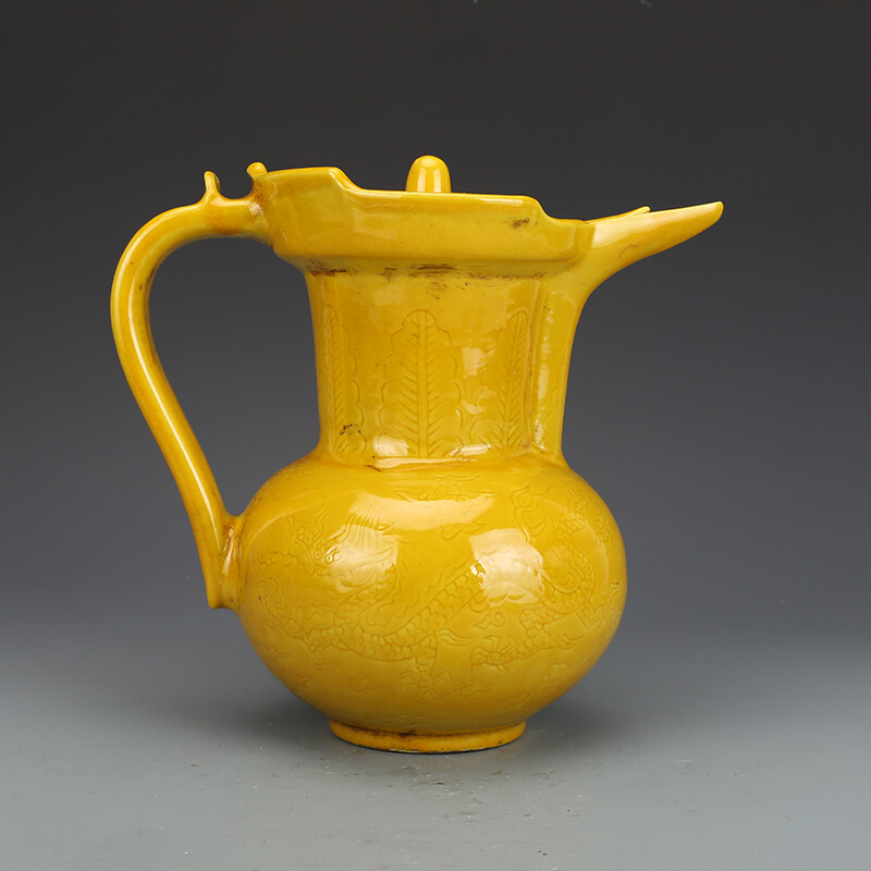 8.6″ China Ming Coke Yellow Glaze Porcelain Carve Animal Dragon Monk Hat Kettle