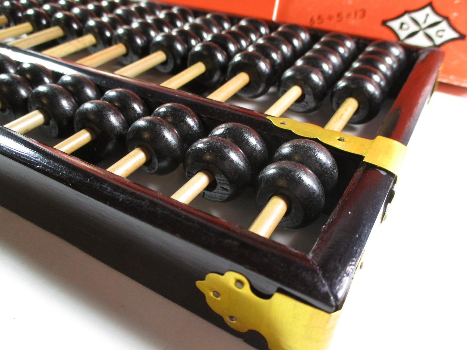 Vintage 1980’s Lotus Flower Chinese Dark Wood Abacus 91 Beads in box with manual