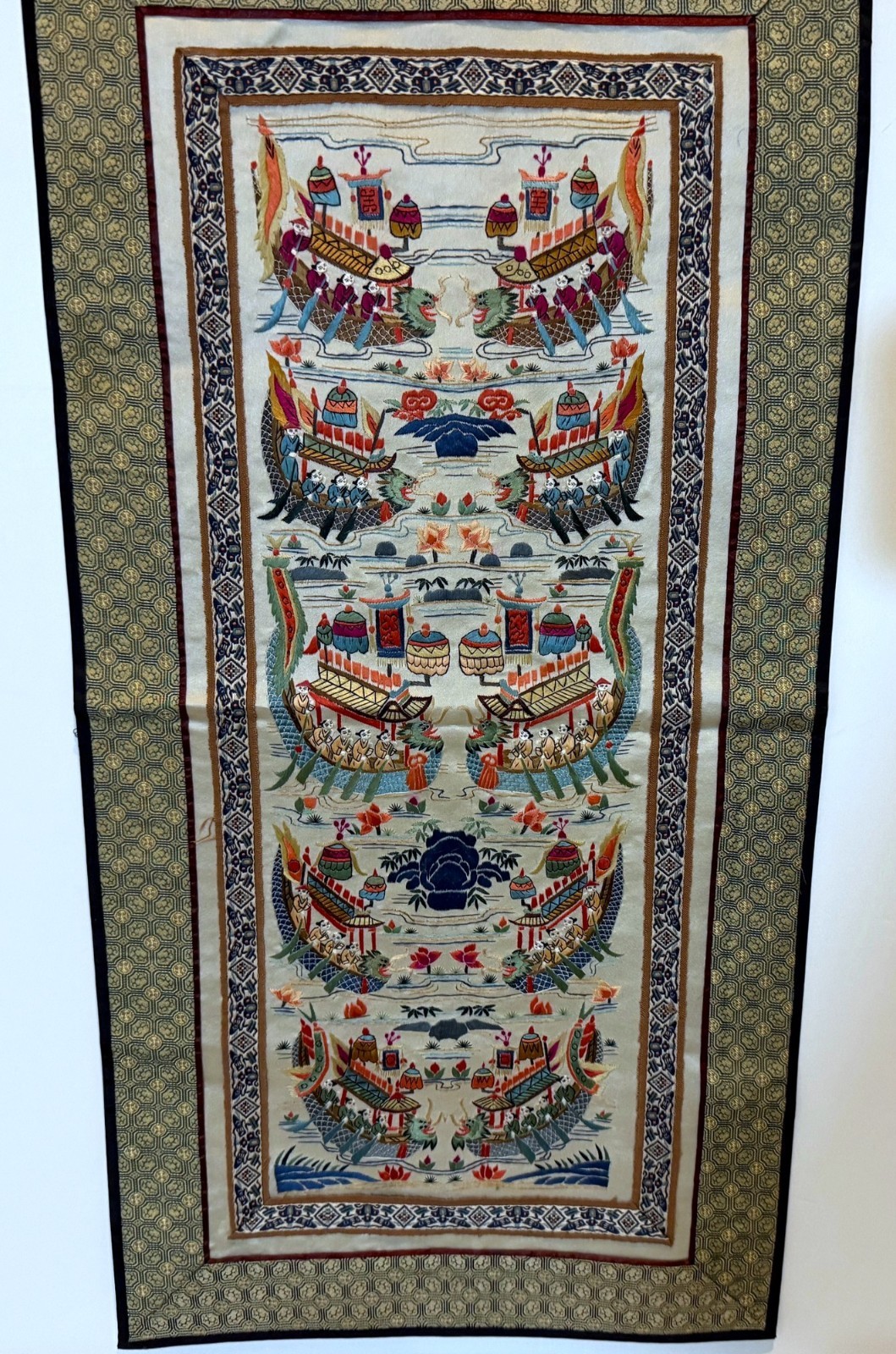 GORGEOUS COLORFUL CHINESE EMBROIDERED SILK PANEL ART WORK – 25″ X 12″ 1/2