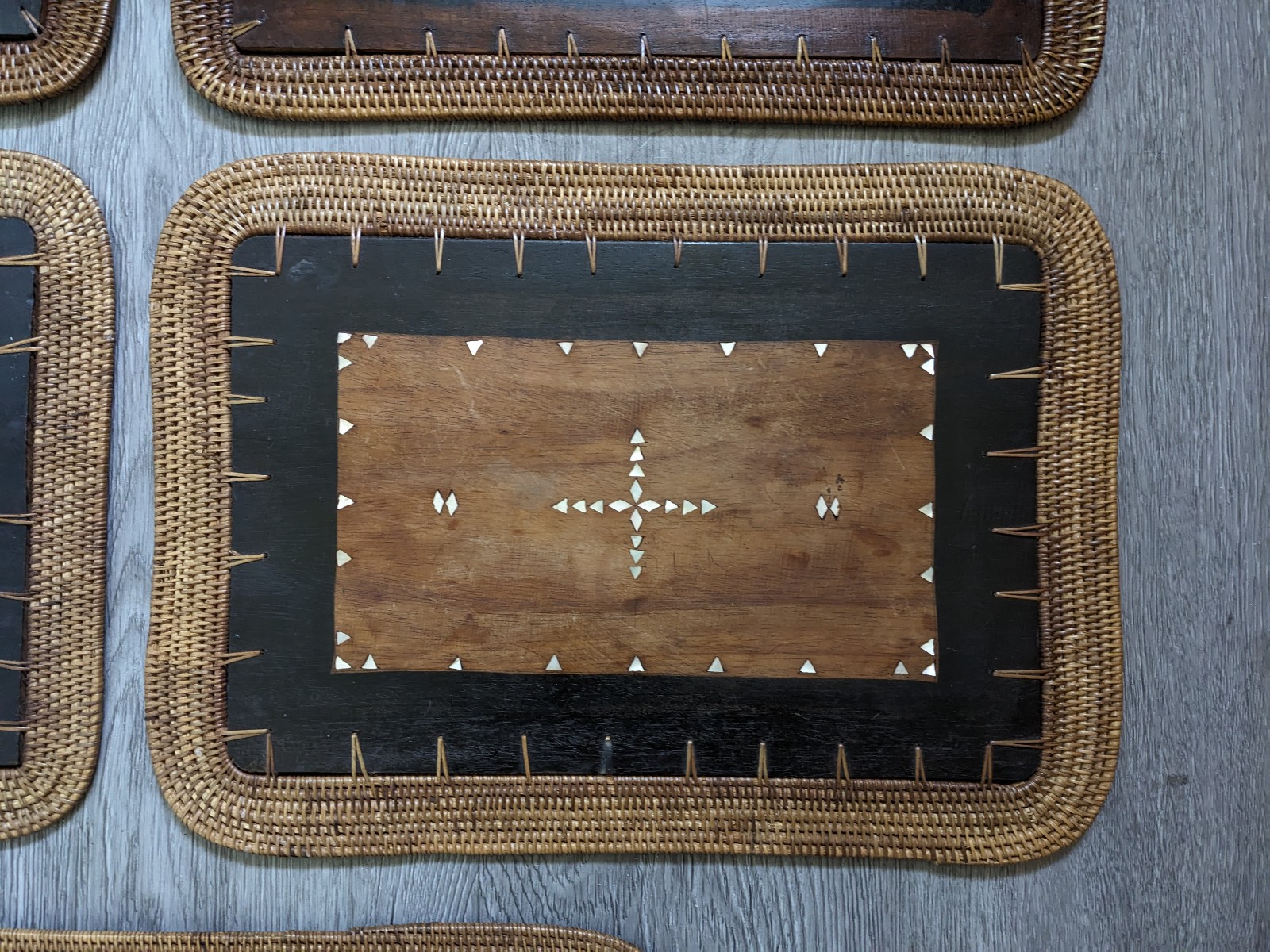 Vintage Mid Century Rattan Wood Placemats Shell Inlay Chinese Coin Boho Set of 8
