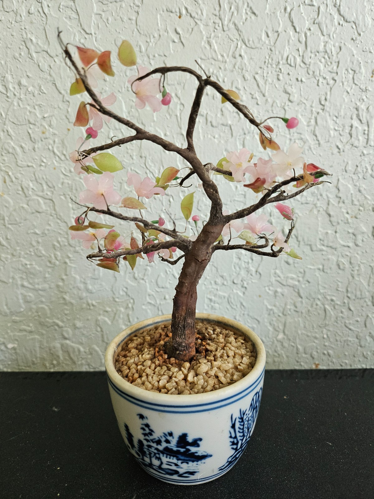 Vintage Jade Glass Cherry Blossom Bonsai Tree Pink Flowers 8” Japan