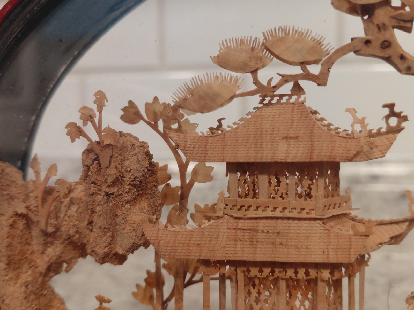 Vintage Oval Chinese Cork Art Diorama Shadow Box Pagoda Cranes Scene Glass Frame