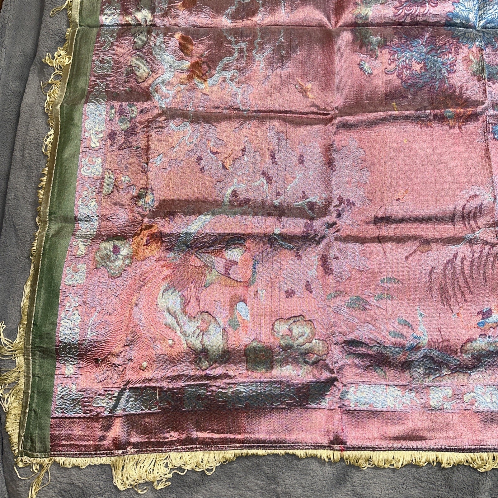 Vintage Brocaded Flowers Tablecloth Dujinsheng Silk Weave Fringe Peacock Crane