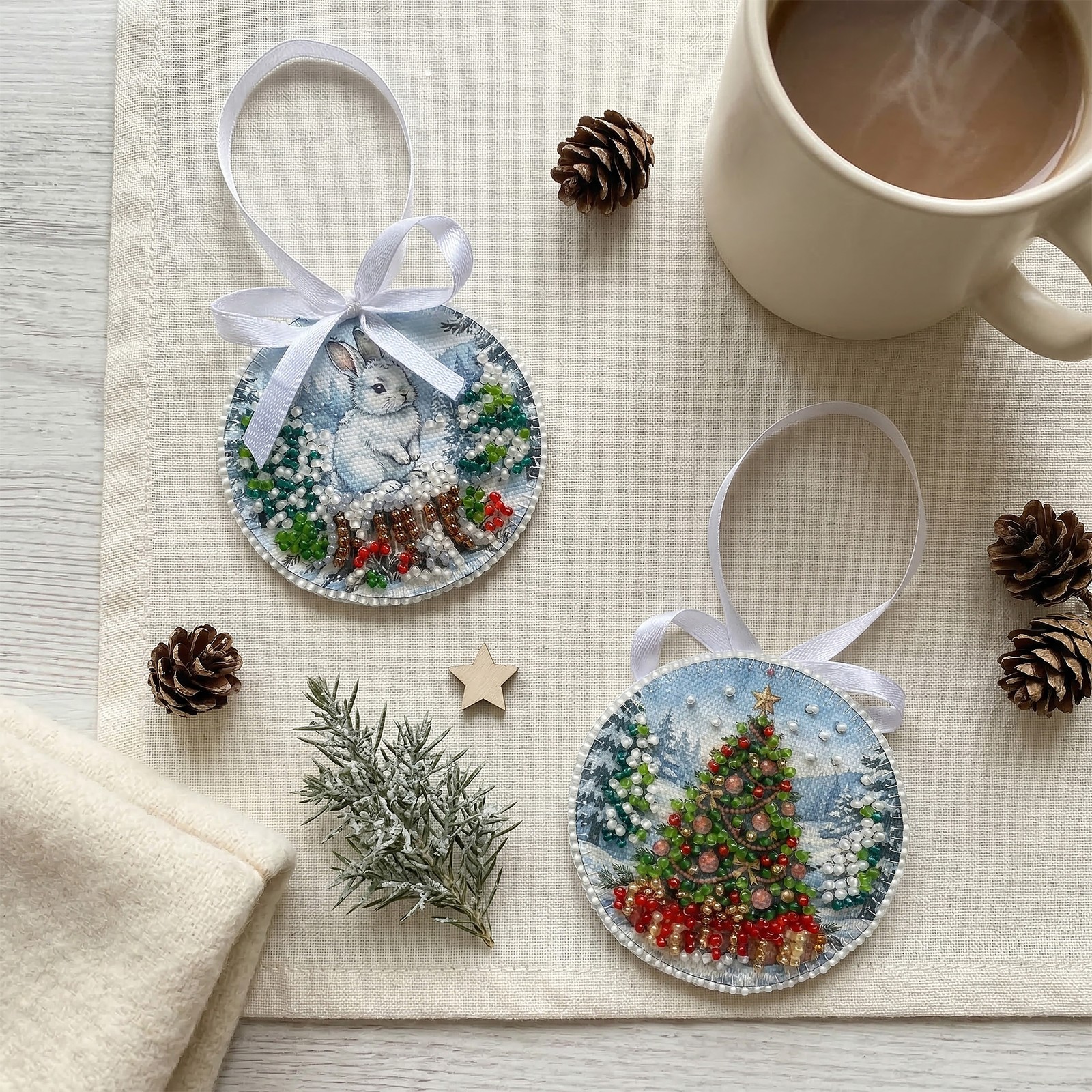 Bead Embroidery Christmas Ornament Kit on Natural Artist Canvas “Near ialynky”