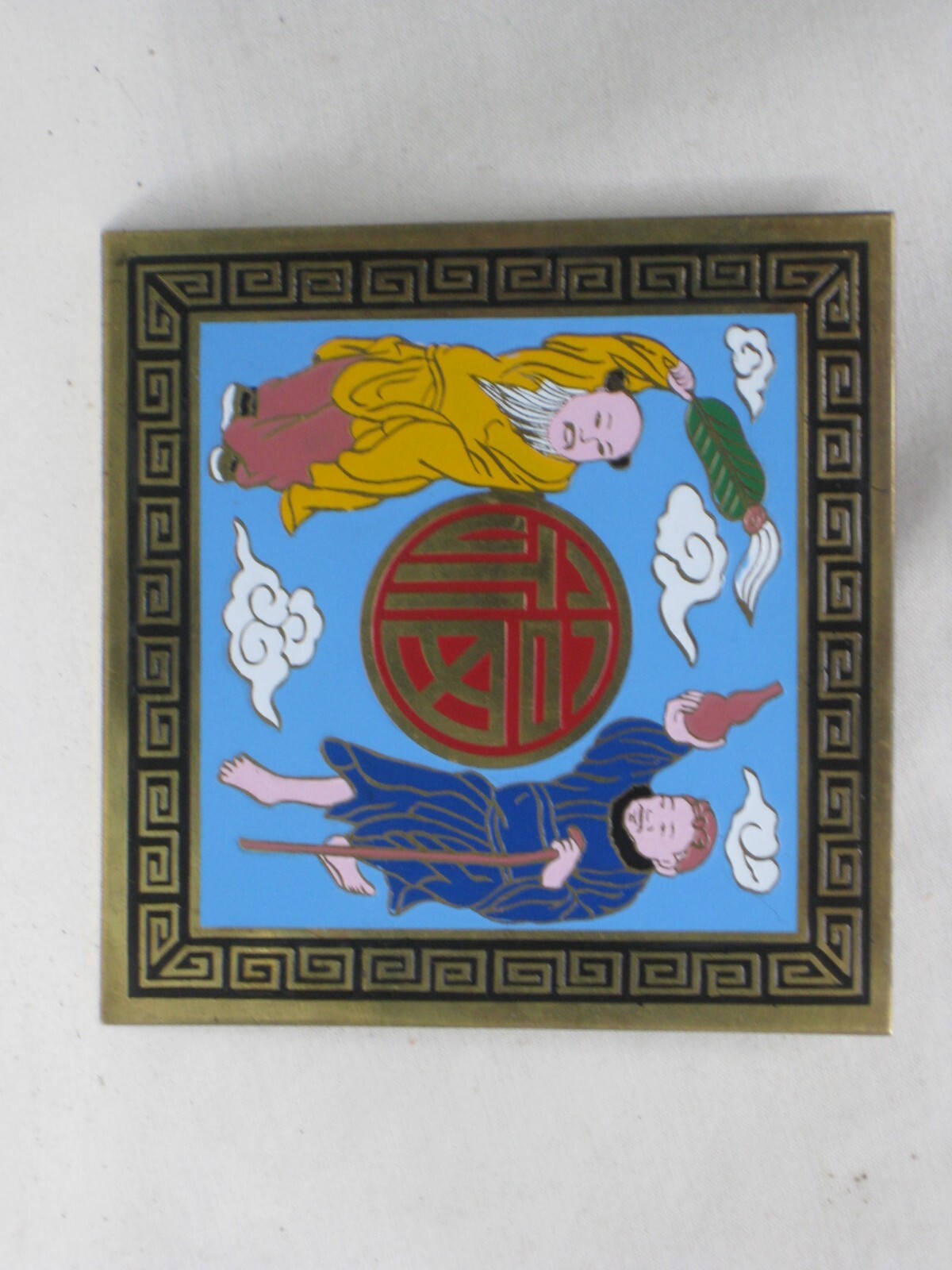 small vintage Asian trivet hot plate wall decor China old man monk cloisonne art