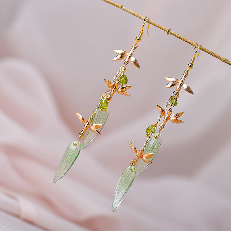 Chinese Coloured Glaze Flower Gild Bamboo Joint Tibetan Style Earbob Earrings
