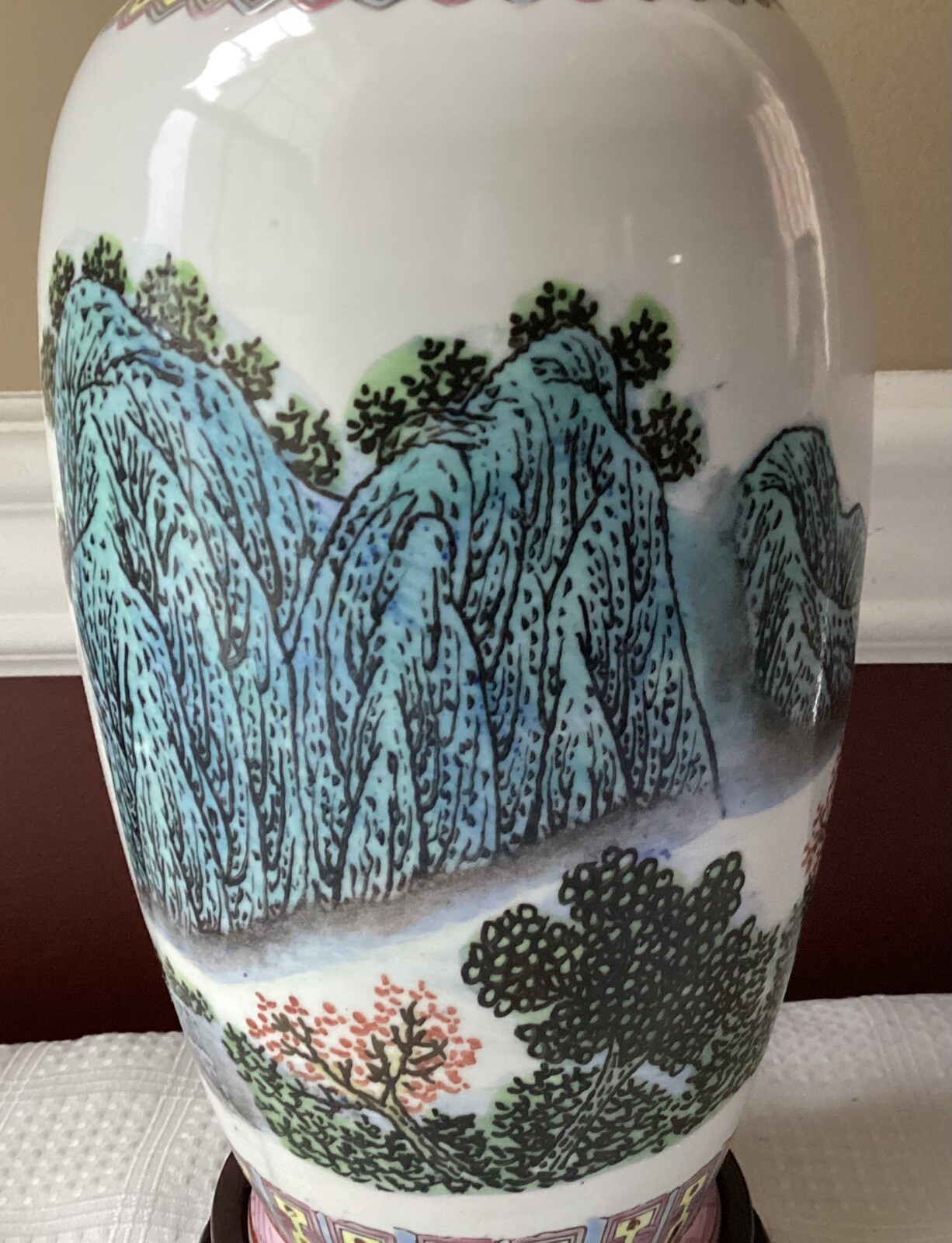 Vintage Chinese Famille Rose Porcelain Landscape Vase Lamp Inscribed 17.25″