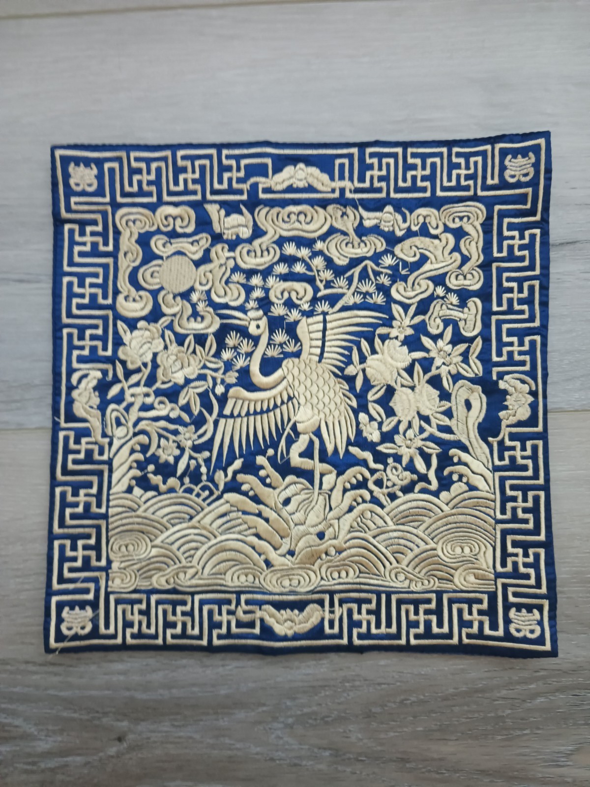 Chinese Embroidered Silk Table Mat 10.5” Square Crane Design