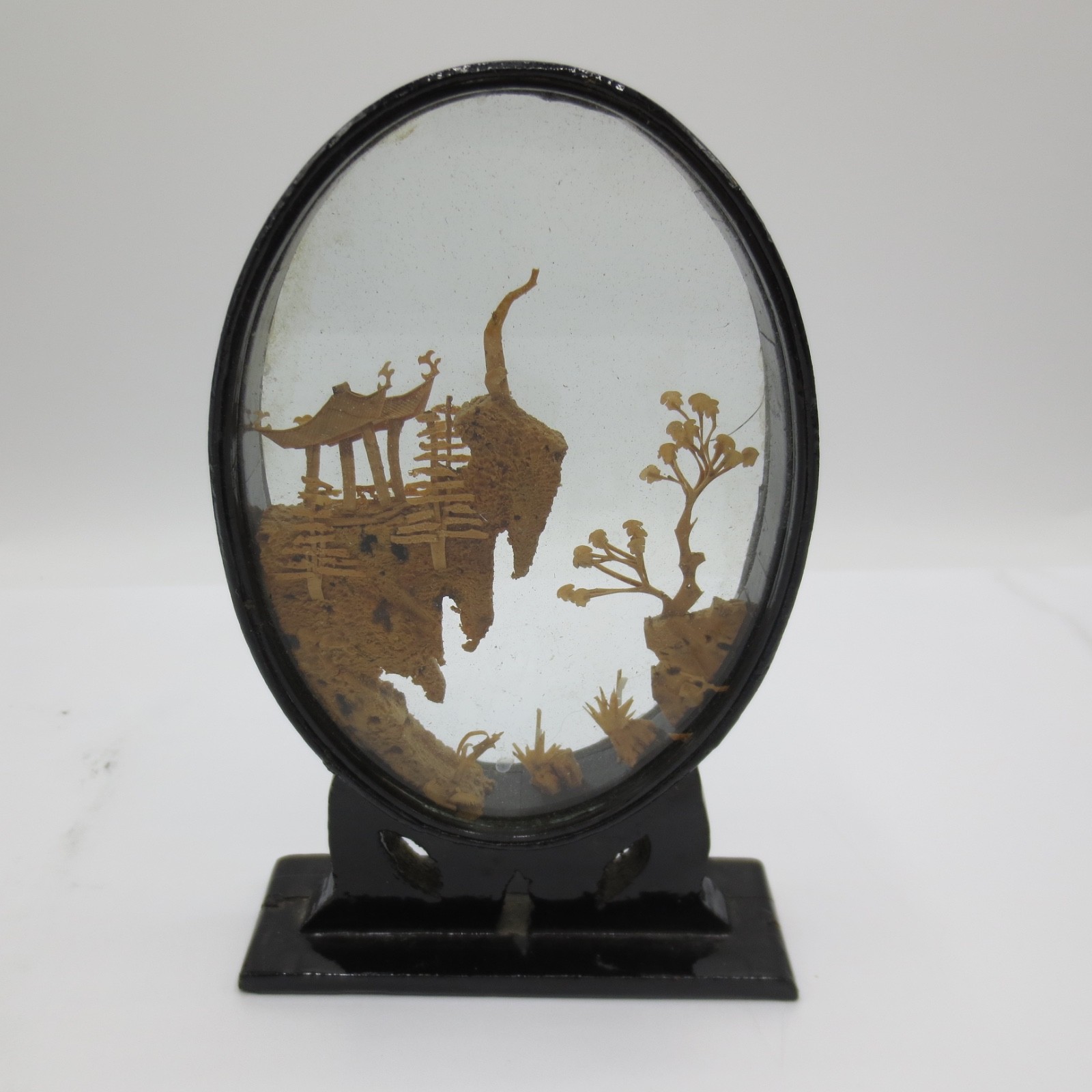Vintage Oriental Chinese Hand Carved Cork Diorama Pagoda Crane Tree Cliff 6″x4″