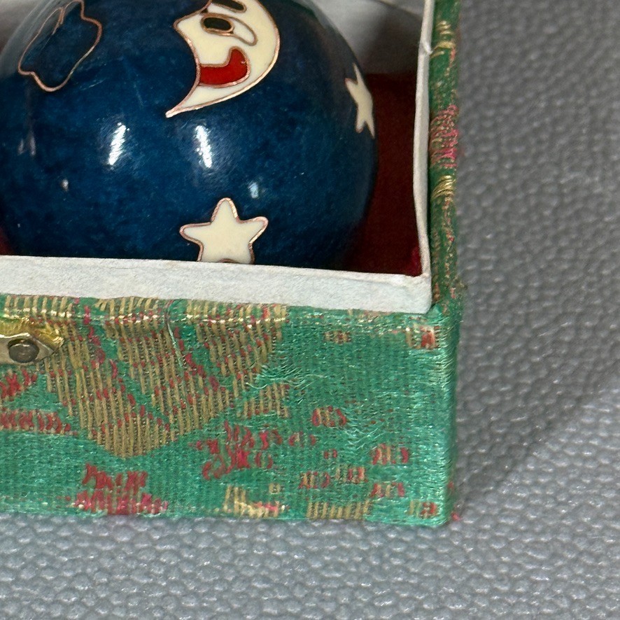 Vintage Cloisonne Health Ball Set Sun Moon Stars in Silk Box Chinese Baoding