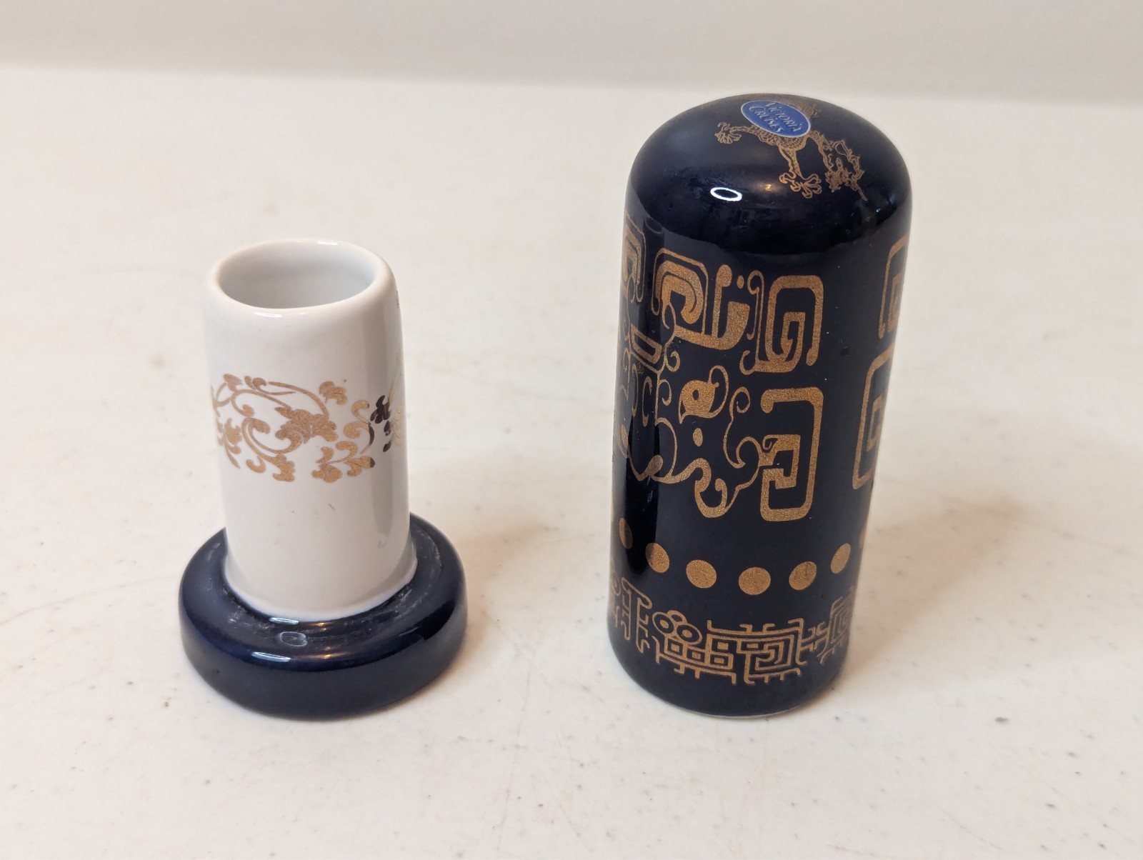 Toothpick Holder Porcelain Chinese Asian Blue Gold White 2 Piece