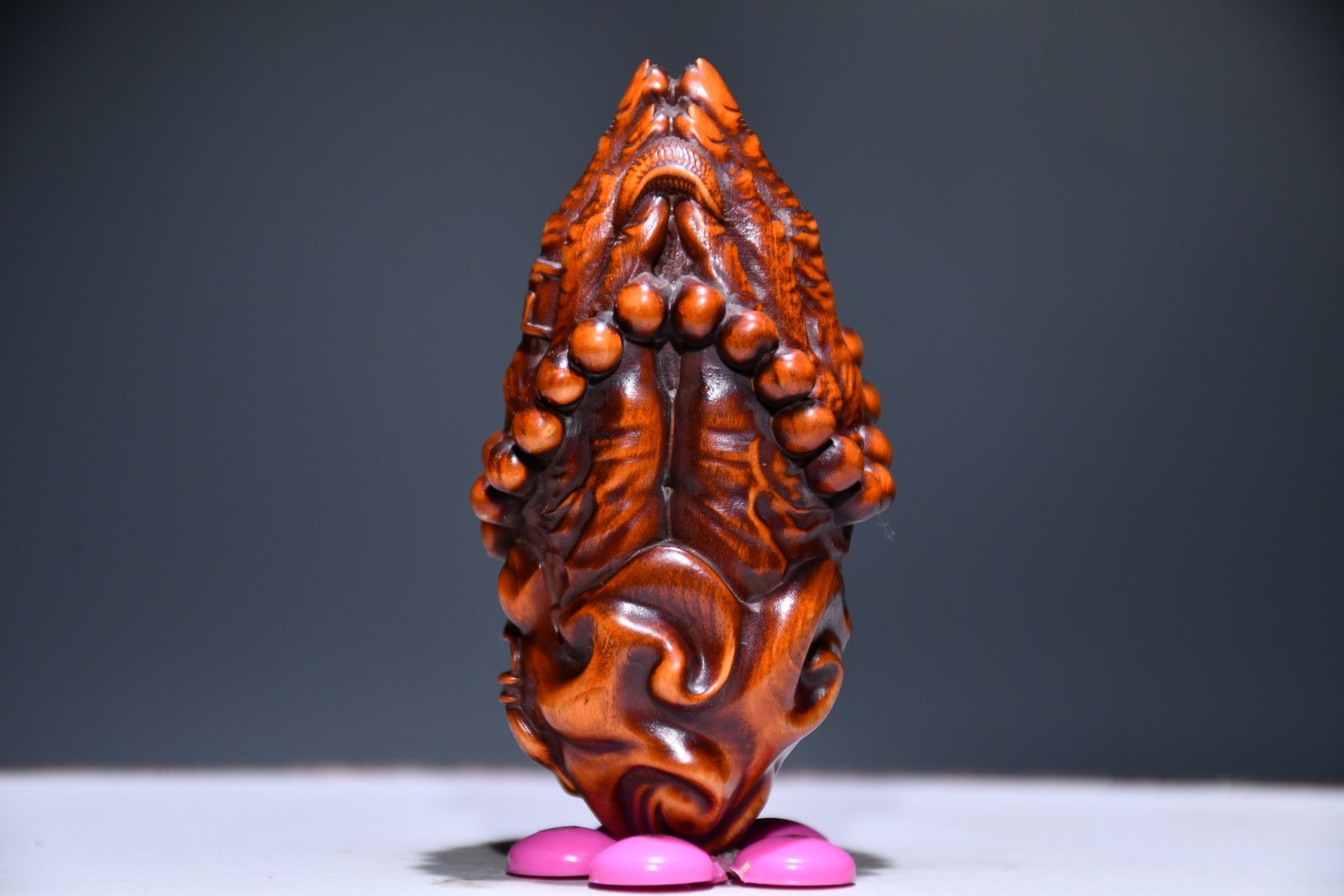 3.1″ Collect China Box-wood Carving Buddha’s-hand Prayer Beads Wish Statue