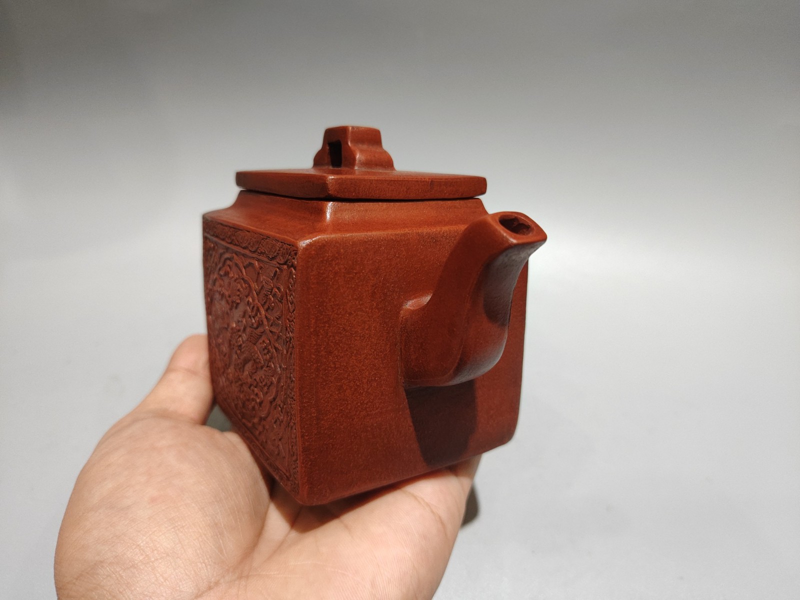 5.9″ Chinese Yixing Zisha Pottery Red Clay Double Crane Longevity Relief Teapot