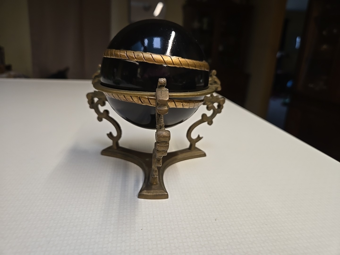 Vintage Brass 3 Dragon Sphere Stand With Hand Painted Black Wooden Ball RARE