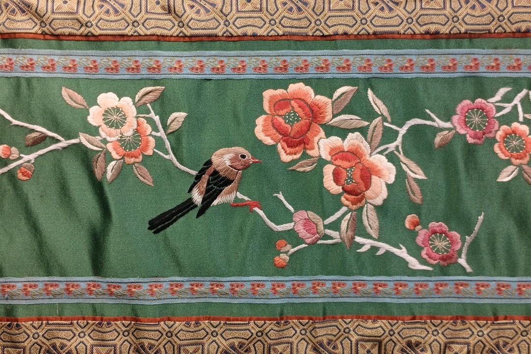 Chinese 100% Hand Embroidered Silk Art Bird & Flowers Motif, Matted 25″ x 11.5″