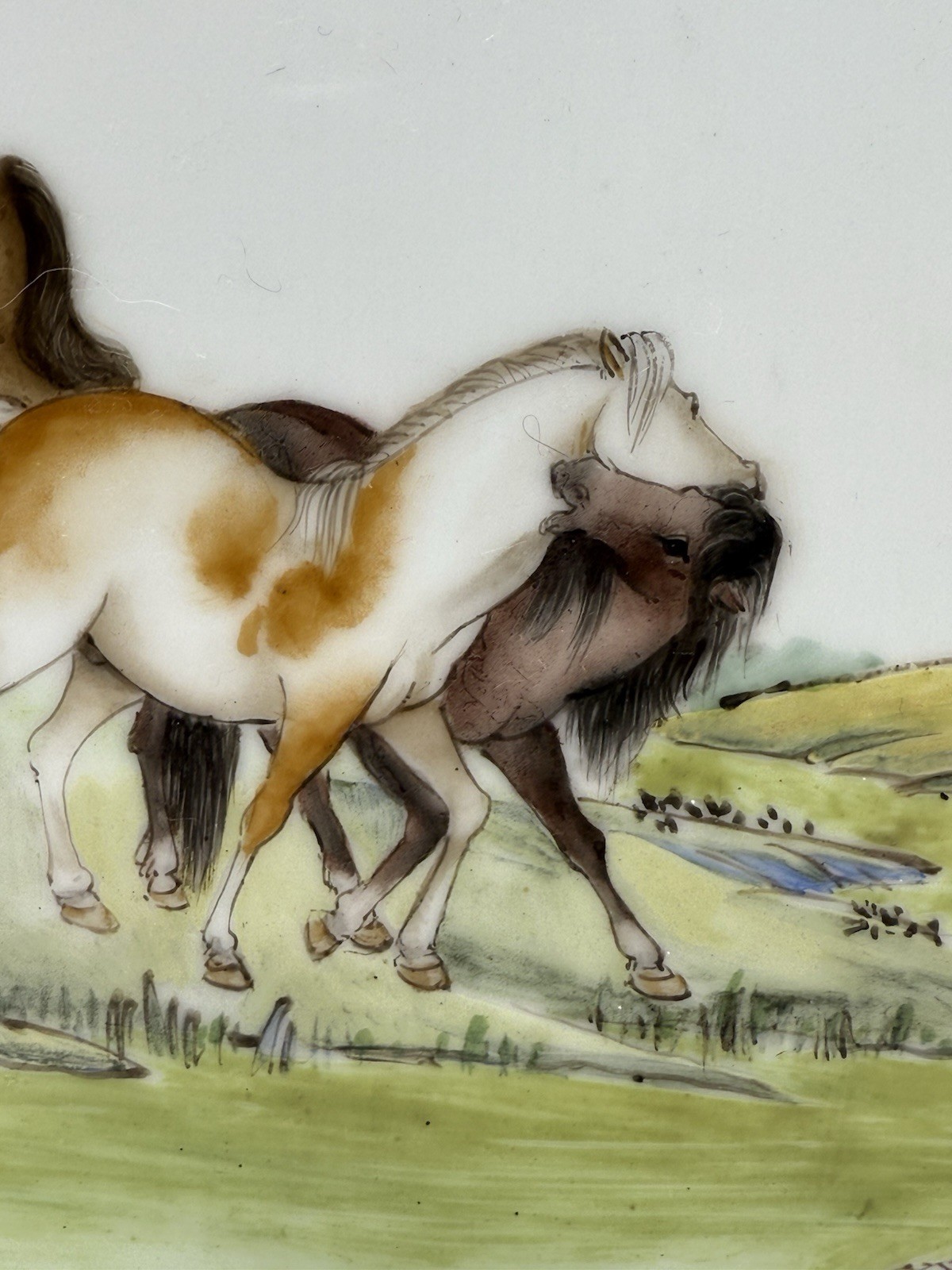 Chinese Hand Painted Porcelain Plaque Eight Horses Framed Wall Art Vintage