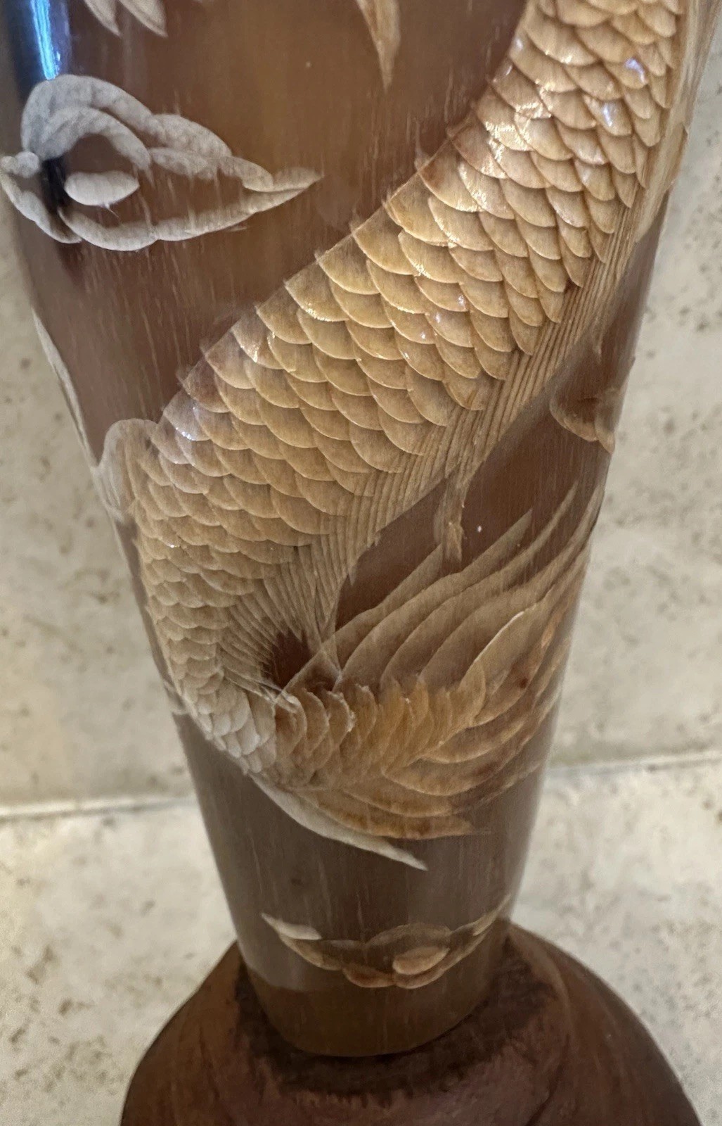 Vintage Thai Carved Horn Vase Dragon Motif Handicraft Wood Base Decor – Textured