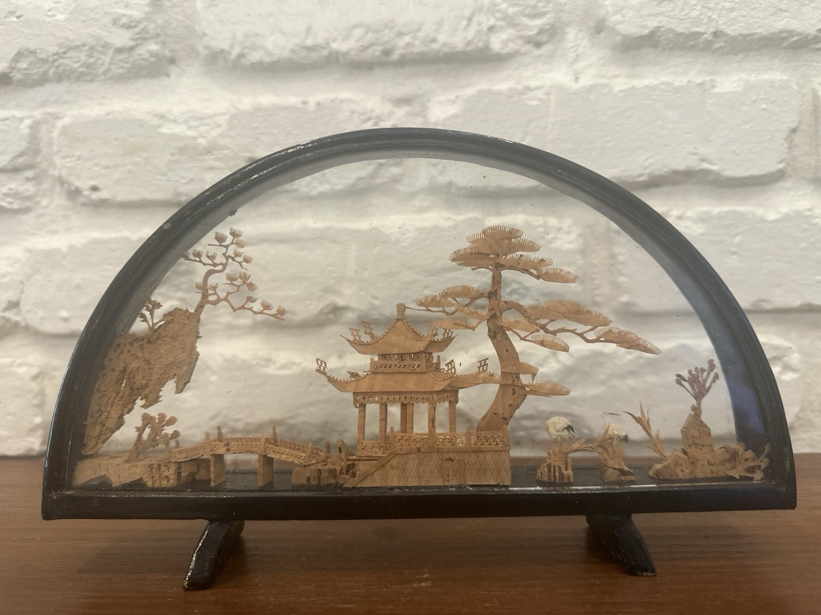 VINTAGE CHINESE SAN YOU DIORAMA CORK CARVING GLASS CASE PAGODA TREES & CRANES.
