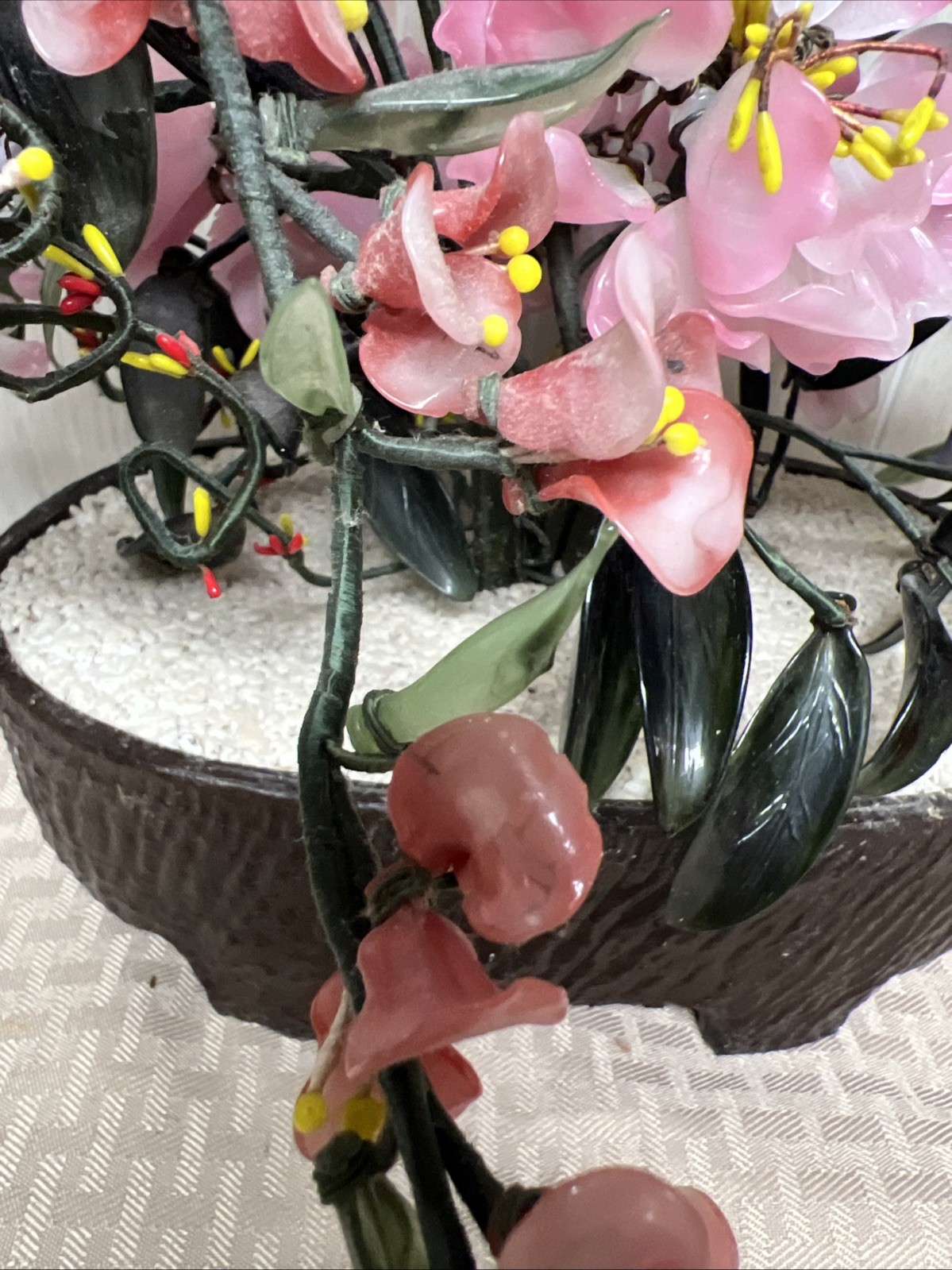 Vtg Jade Bonsai Flower Tree Pot Green Pink Quartz Glass Plant Large China