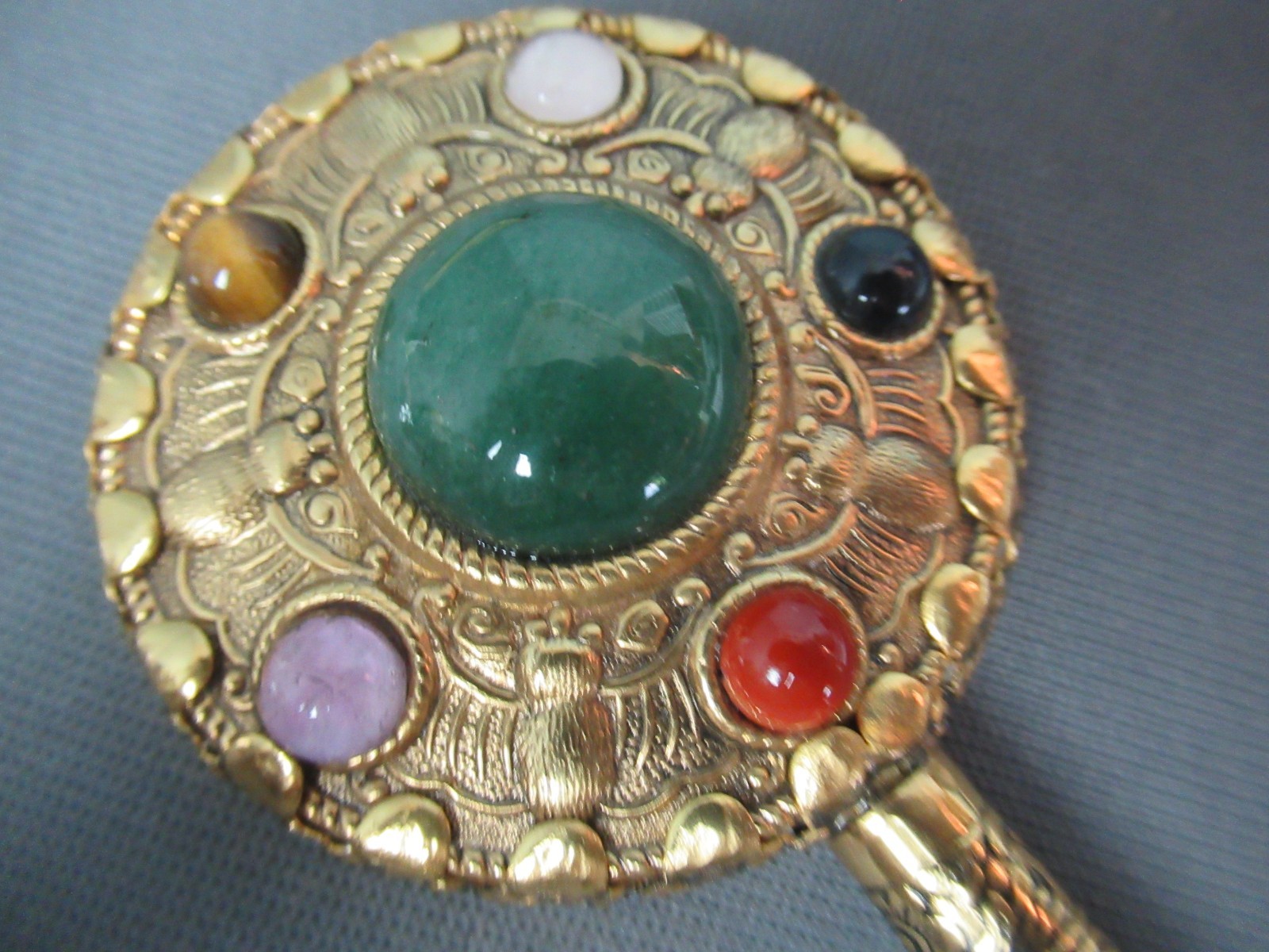 Vintage Chinese Small Hand Mirror Jade Handle Gold Tone Gemstones w/ Cover g6 bz