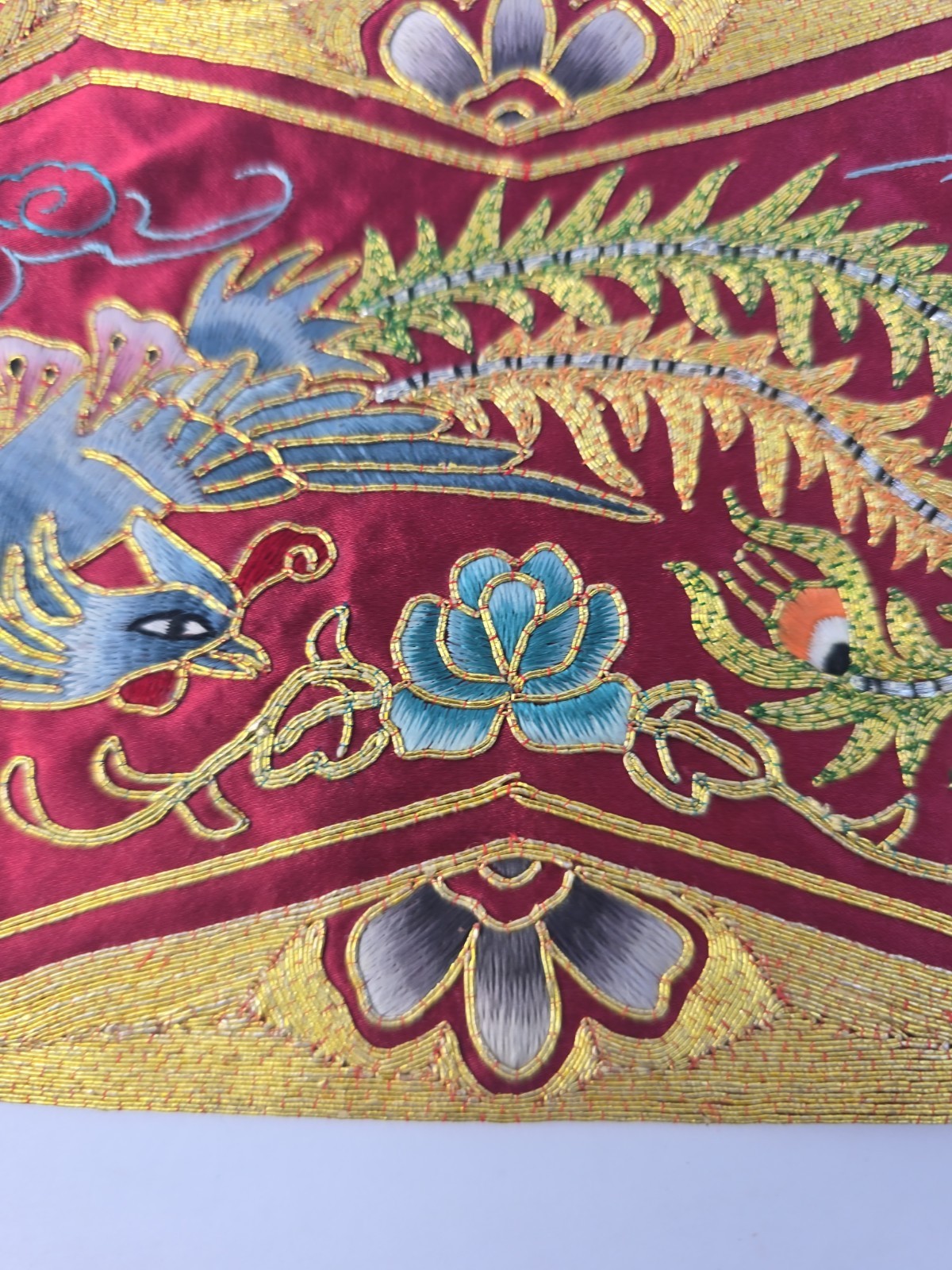 Vintage Chinese Phoenix Fenghuang Hand Embroidered Silk Rayon Panel 1980s